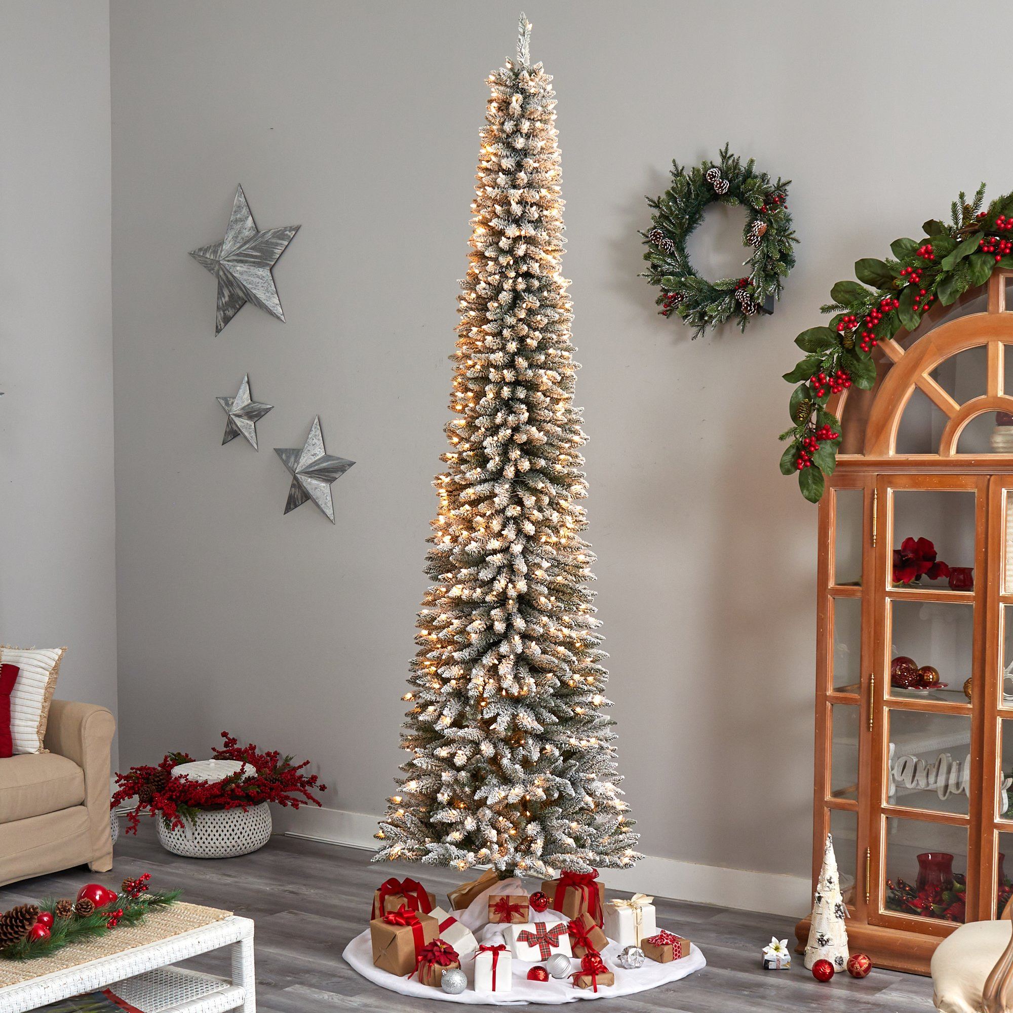 10' Flocked Pencil Artificial Christmas Tree with 700 Clear Lights and 1145 Bendable Branches