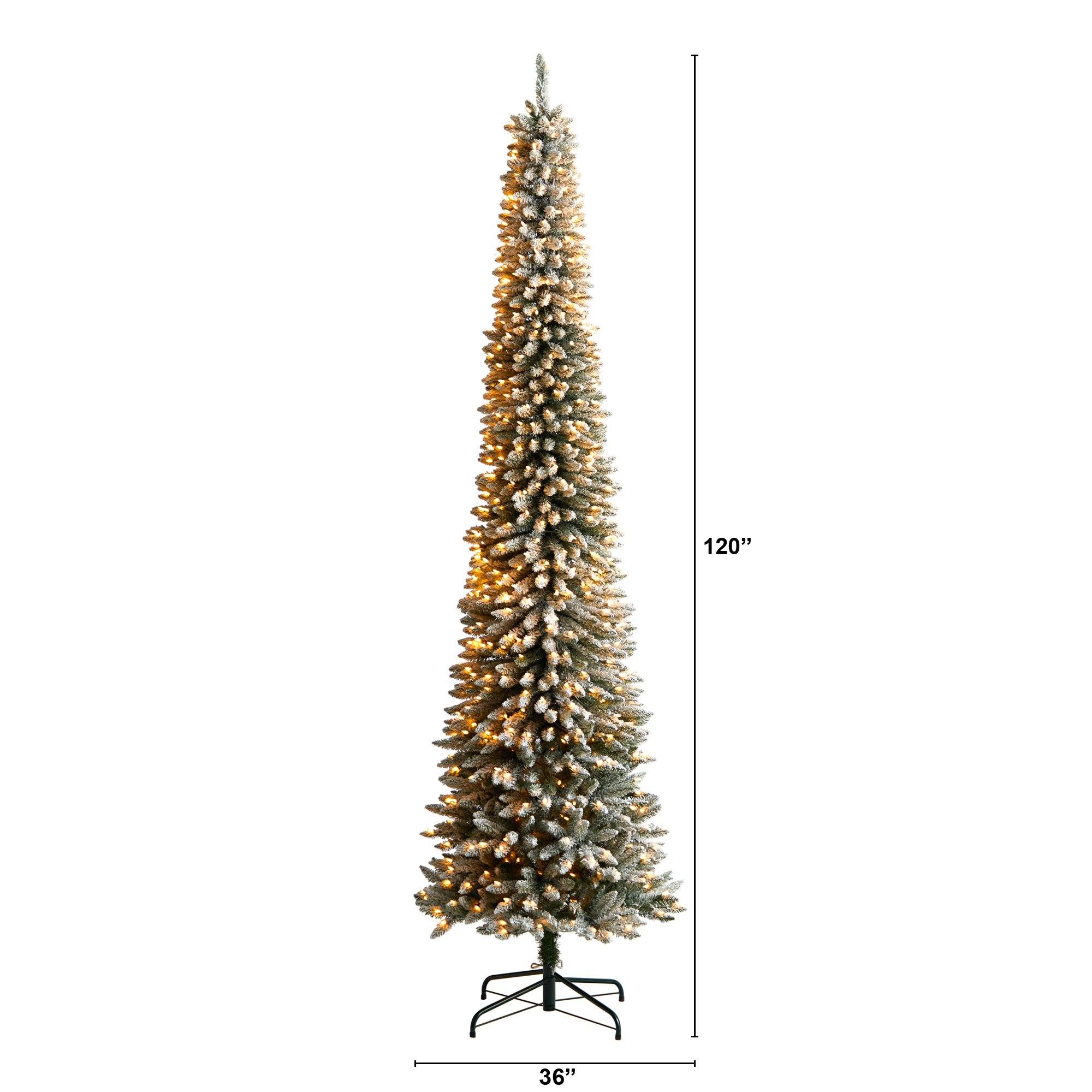 10' Flocked Pencil Artificial Christmas Tree with 700 Clear Lights and 1145 Bendable Branches