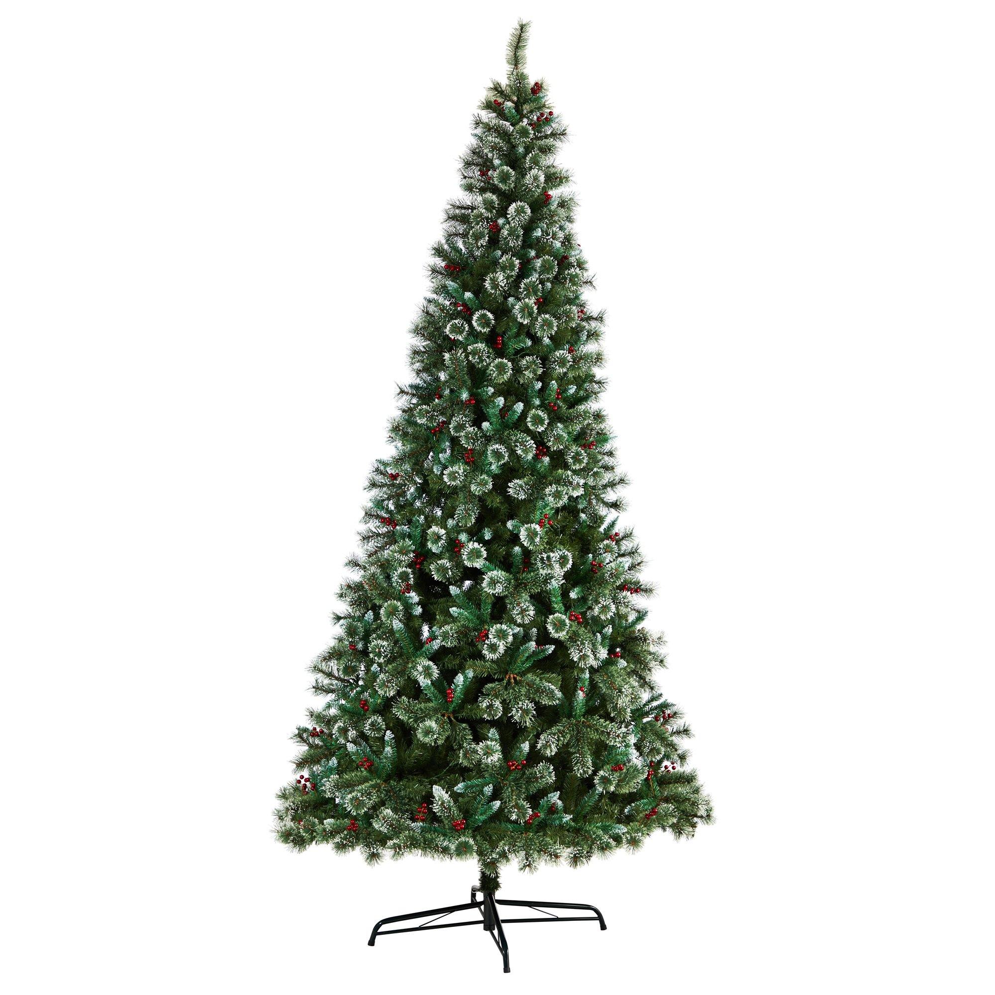 10' Frosted Swiss Pine Artificial Christmas Tree with 850 Clear LED Lights and Berries
