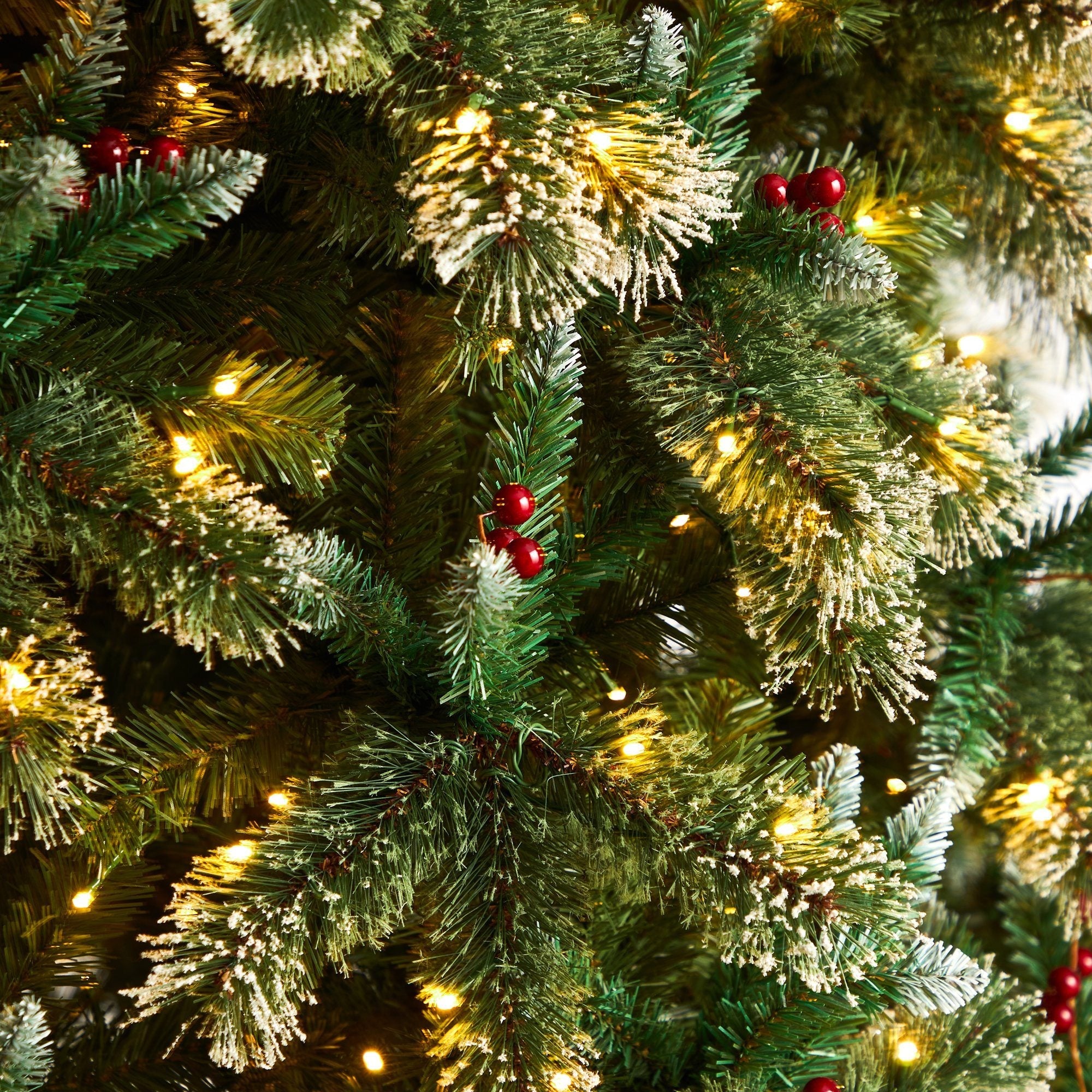 10' Frosted Swiss Pine Artificial Christmas Tree with 850 Clear LED Lights and Berries