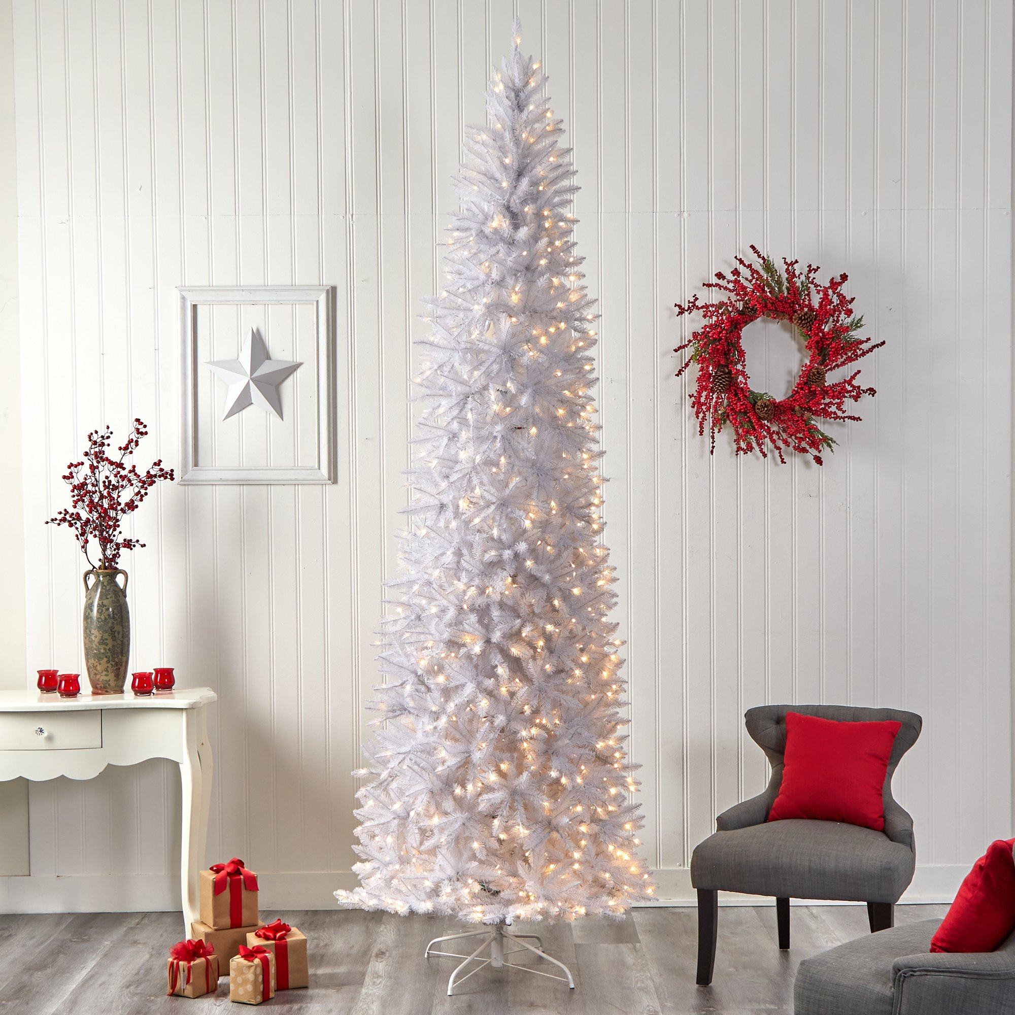 10' Slim White Artificial Christmas Tree with 800 Warm White LED Lights and 2420 Bendable Branches