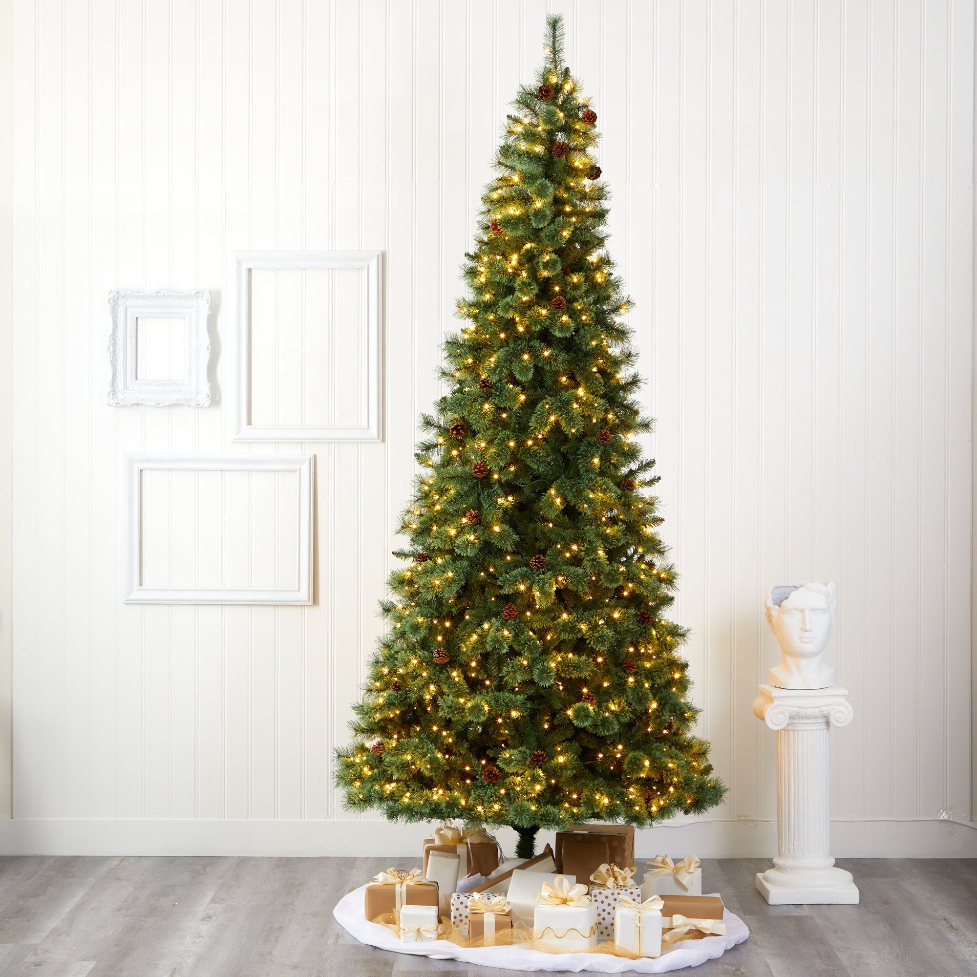 10' White Mountain Pine Artificial Christmas Tree with 850 Clear LED Lights and Pine Cones