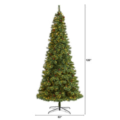 10' White Mountain Pine Artificial Christmas Tree with 850 Clear LED Lights and Pine Cones