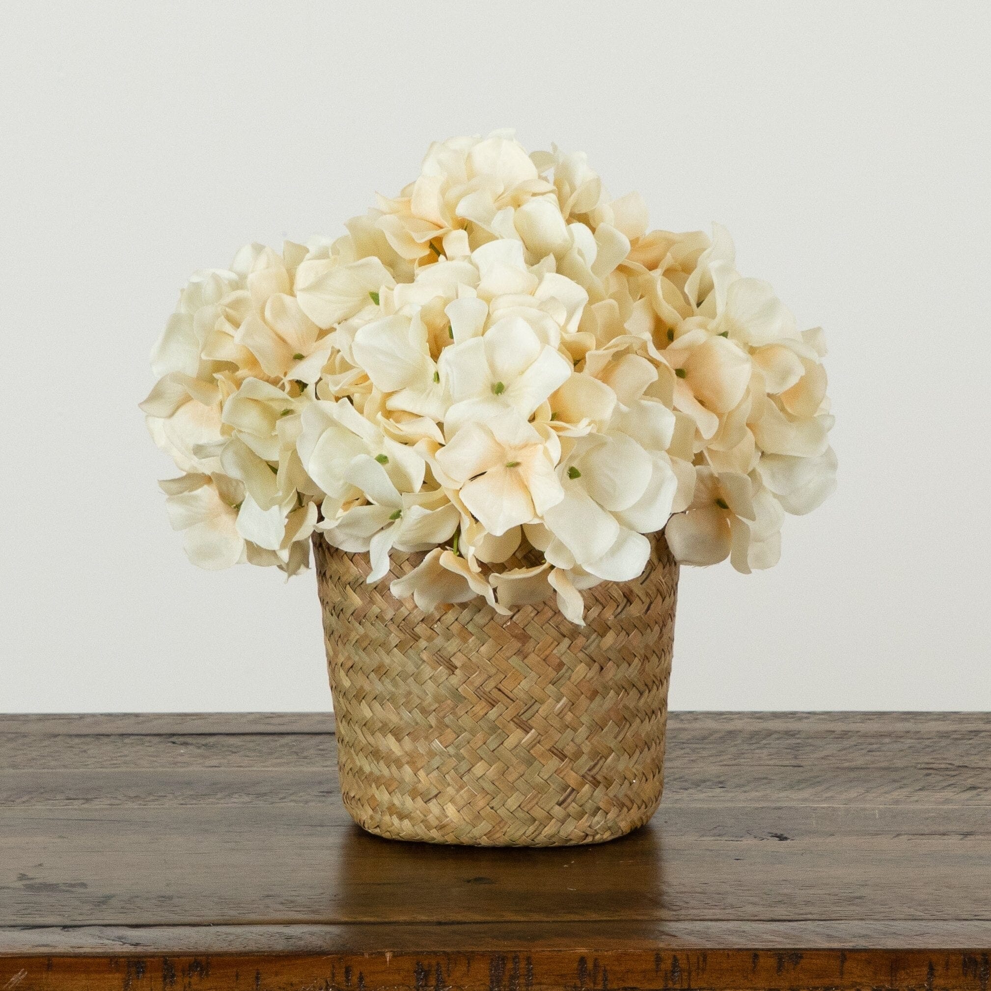11” Artificial Cream Hydrangea Arrangement in Woven Basket