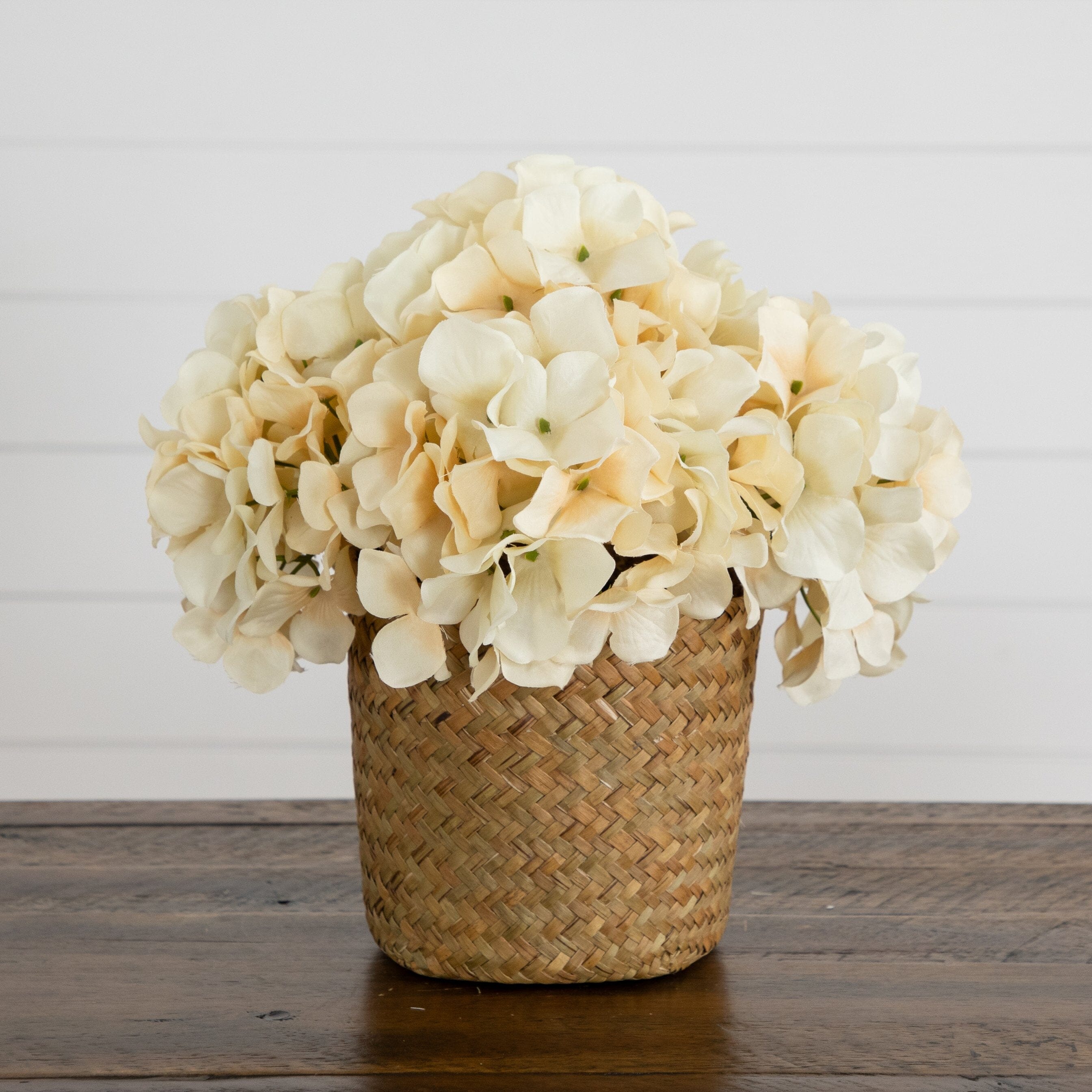 11” Artificial Cream Hydrangea Arrangement in Woven Basket