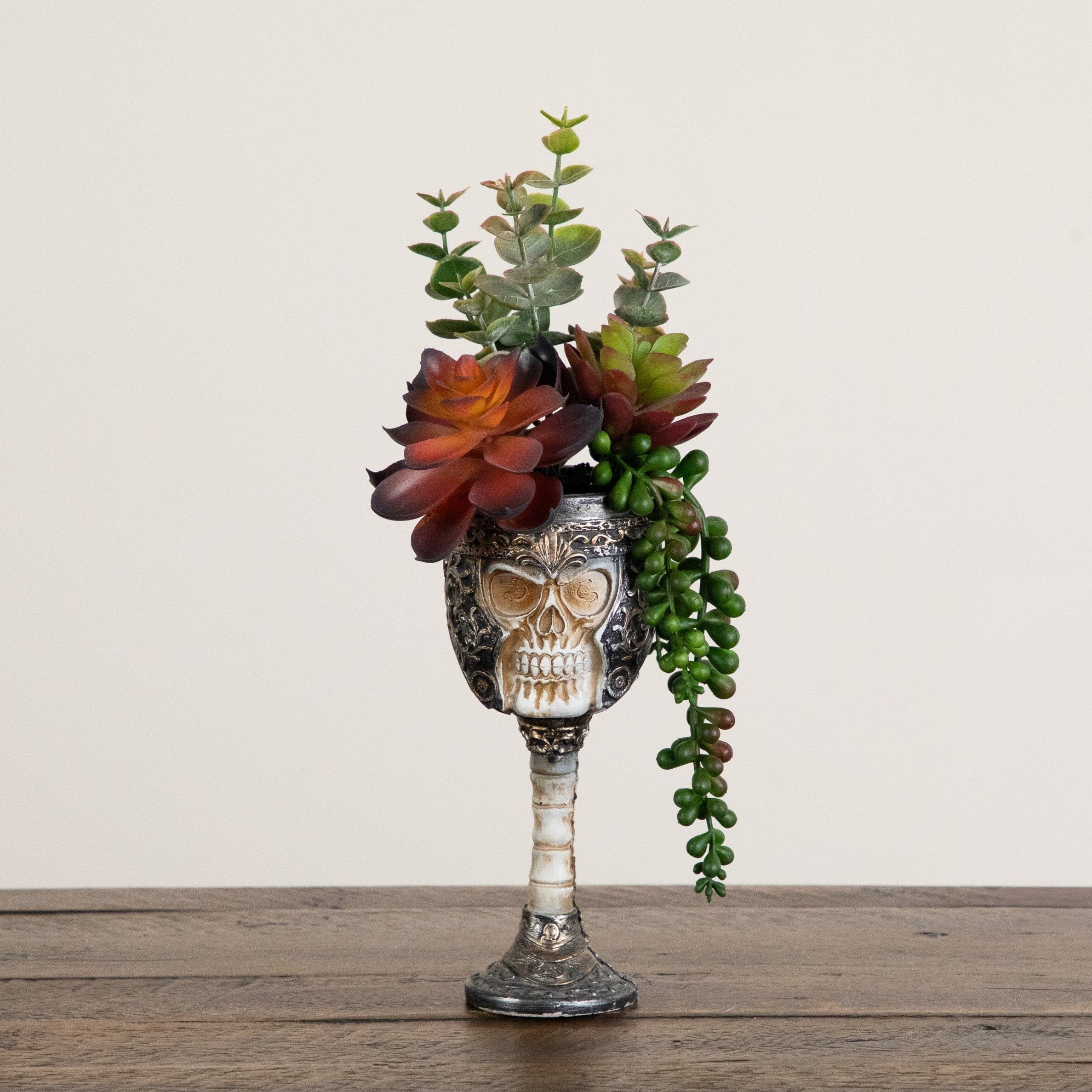 11” Artificial Halloween Succulent Garden in Skull Chalice Planter