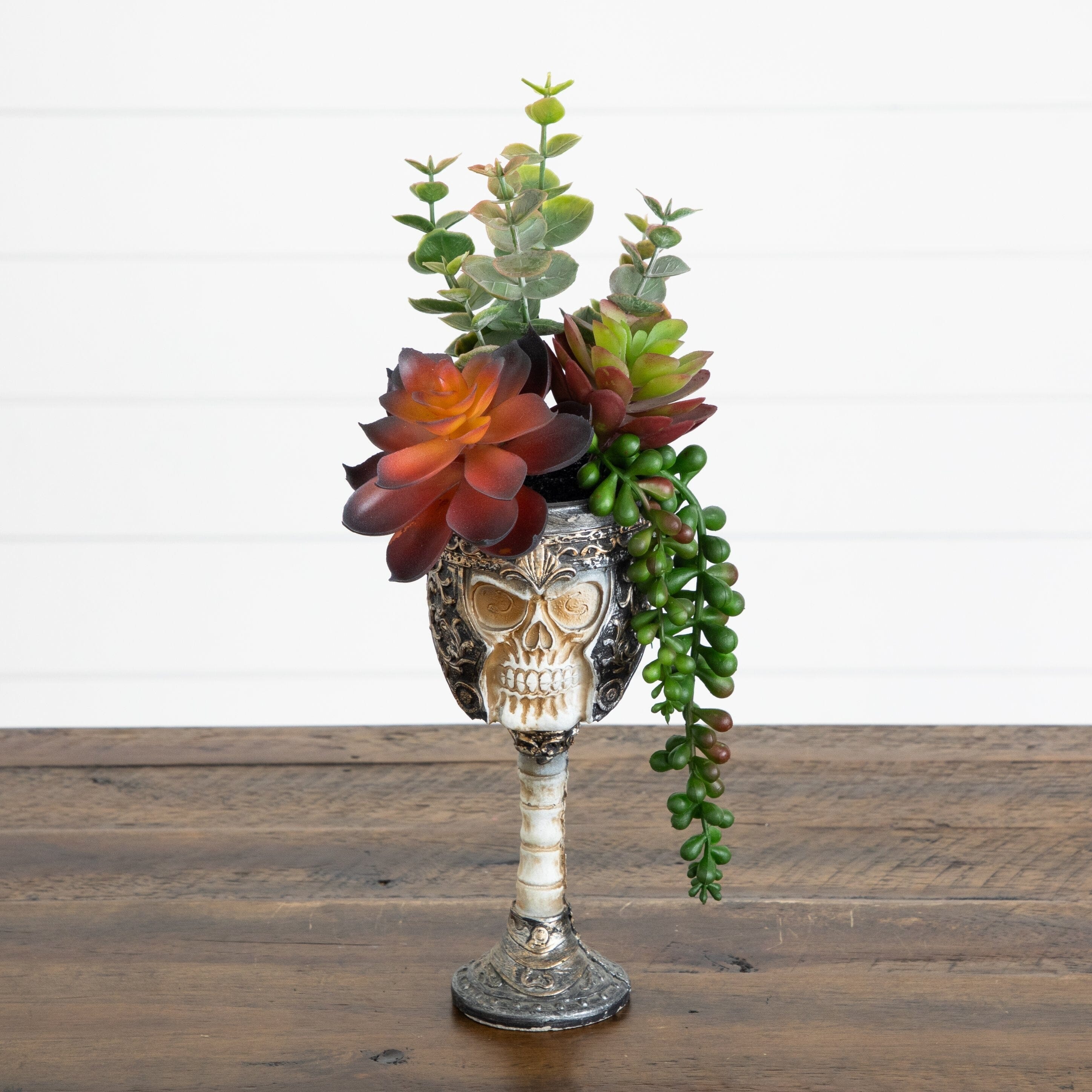 11” Artificial Halloween Succulent Garden in Skull Chalice Planter