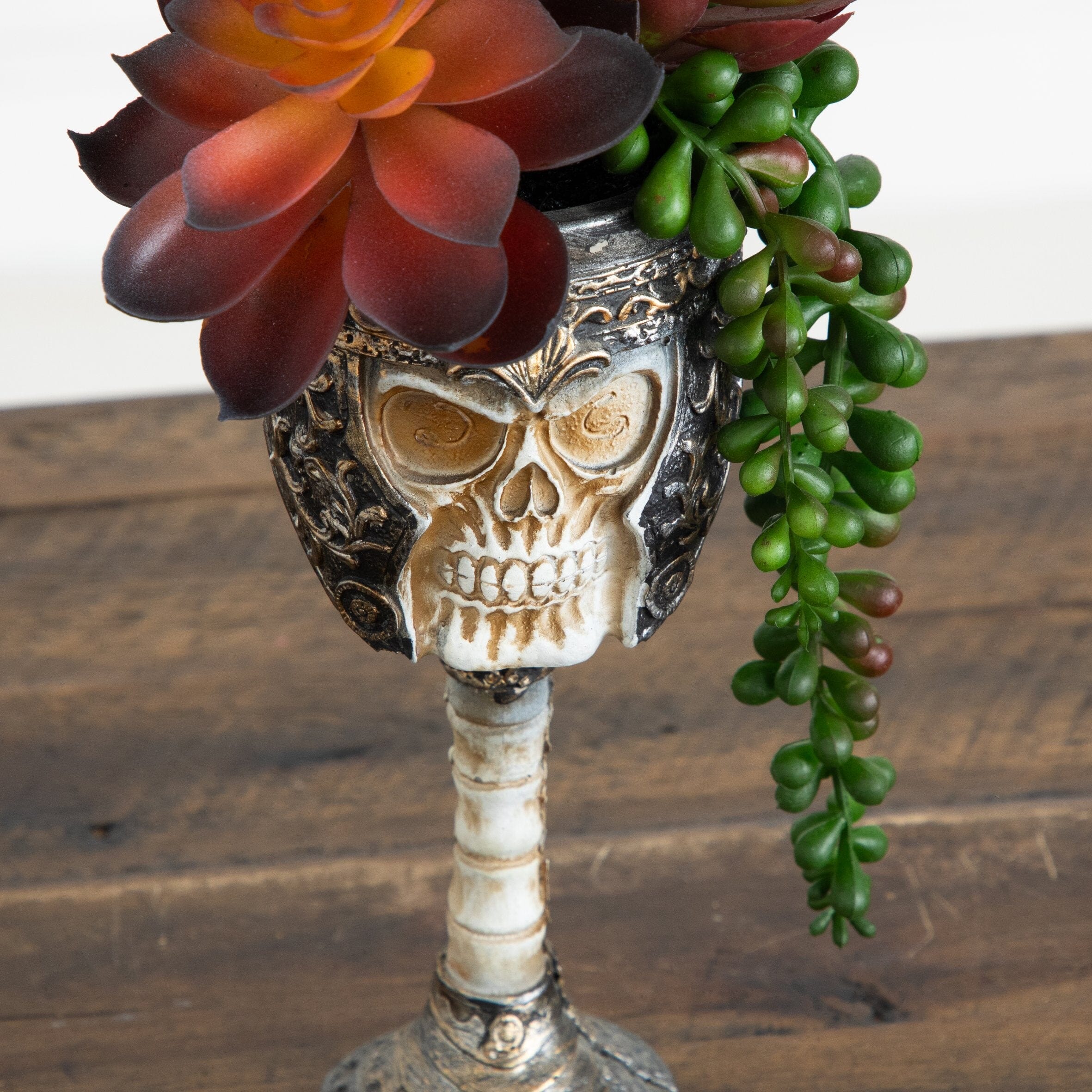 11” Artificial Halloween Succulent Garden in Skull Chalice Planter