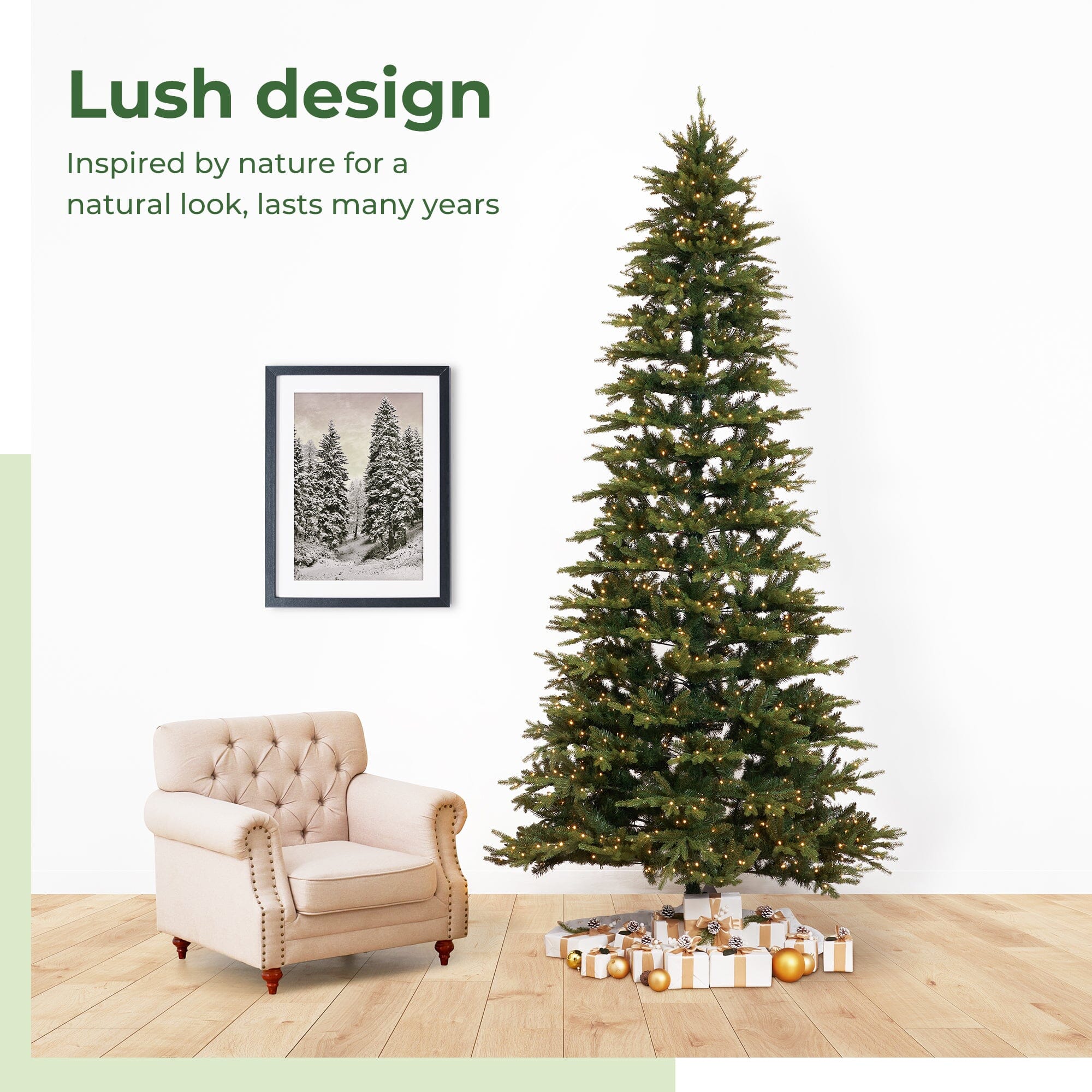 11' Belgium Fir “Natural Look” Artificial Christmas Tree with 1250 Clear LED Lights and 4222 Bendable Branches