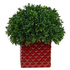 11” Boxwood Topiary Artificial Plant in Red Planter (Indoor/Outdoor)