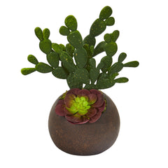 11” Cactus and Echeveria Succulent Artificial Plant in Stone Planter