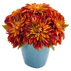 11'' Dahlia Artificial Arrangement in Blue Ceramic Vase