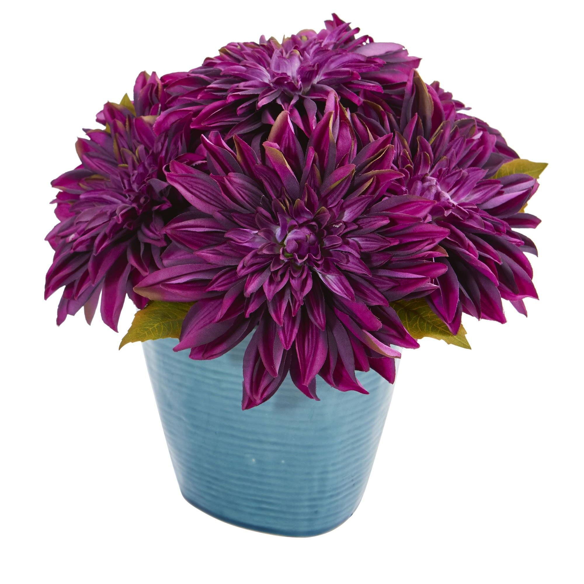 11'' Dahlia Artificial Arrangement in Blue Ceramic Vase