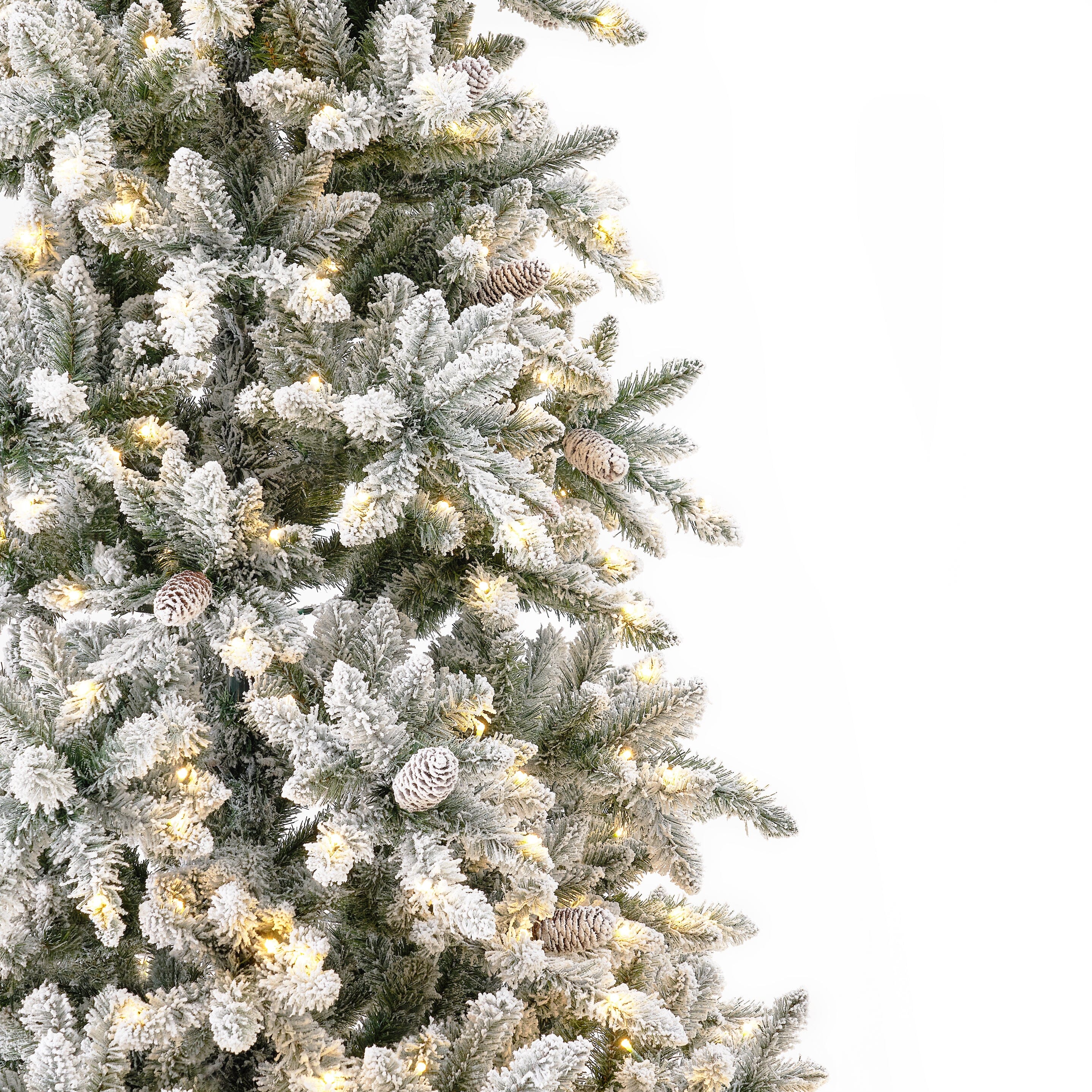11' Flocked Livingston Fir Artificial Christmas Tree with Pine Cones, 950 Clear Warm LED Lights and 3016 Bendable Branches