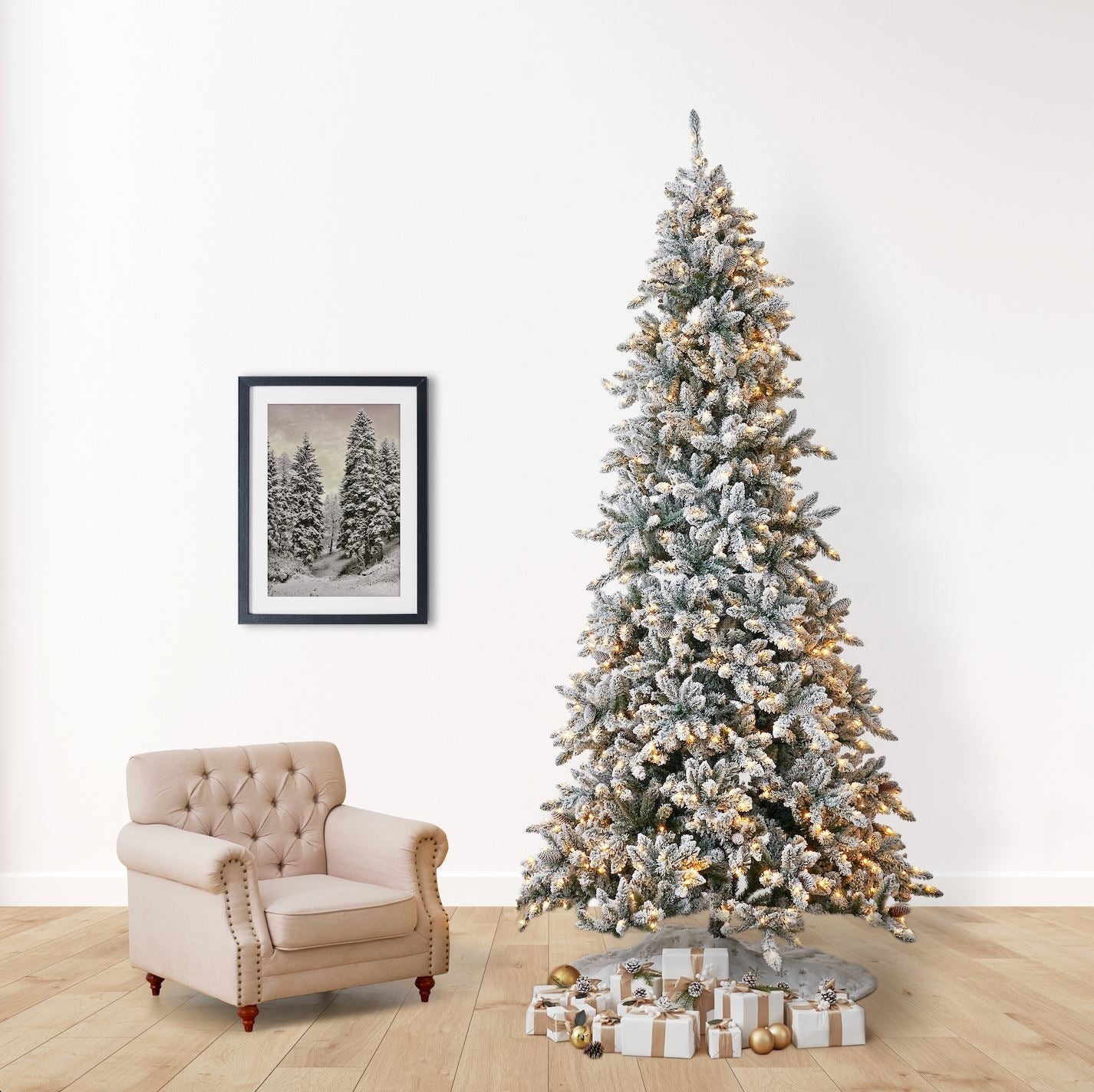11' Flocked Livingston Fir Artificial Christmas Tree with Pine Cones, 950 Clear Warm LED Lights and 3016 Bendable Branches