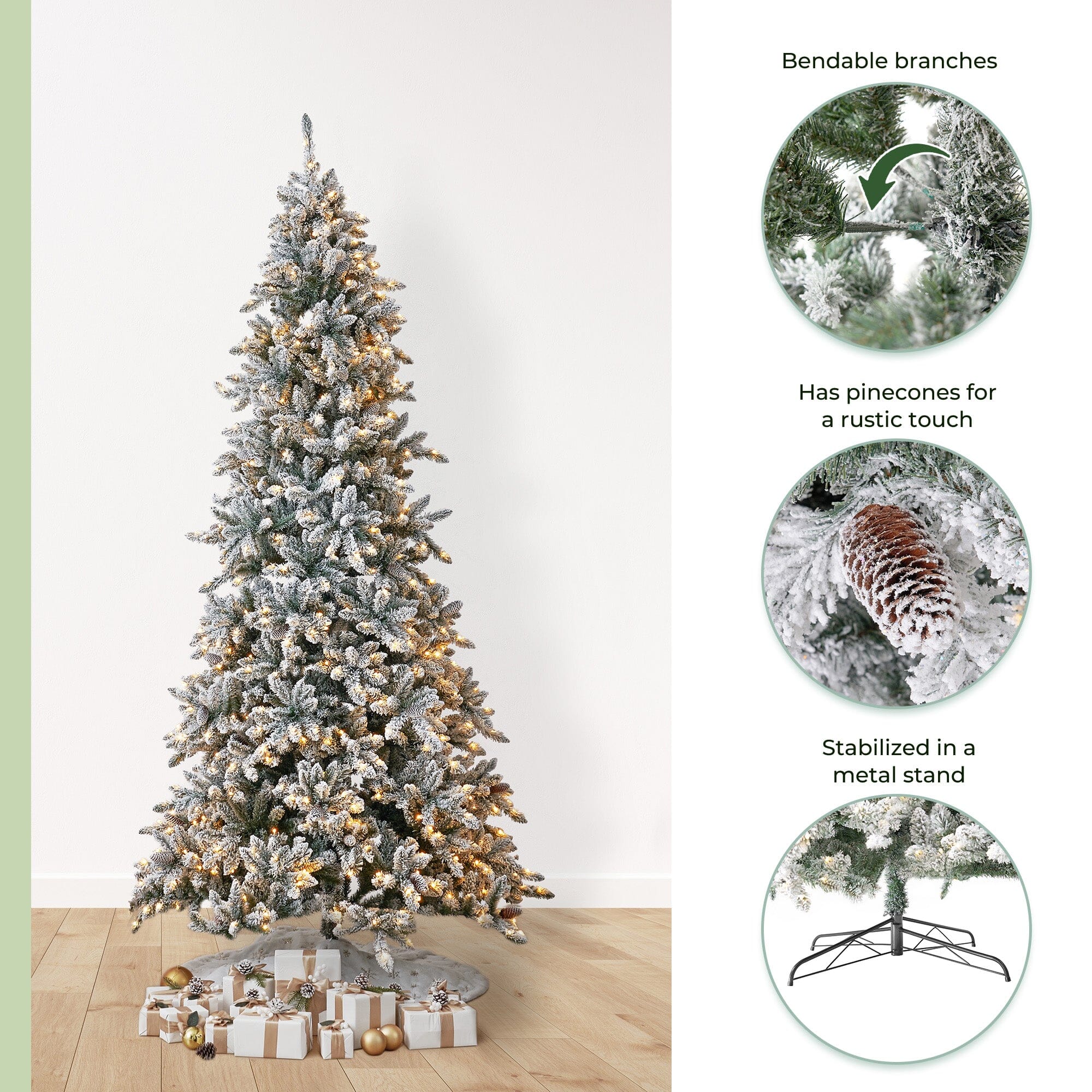 11' Flocked Livingston Fir Artificial Christmas Tree with Pine Cones, 950 Clear Warm LED Lights and 3016 Bendable Branches