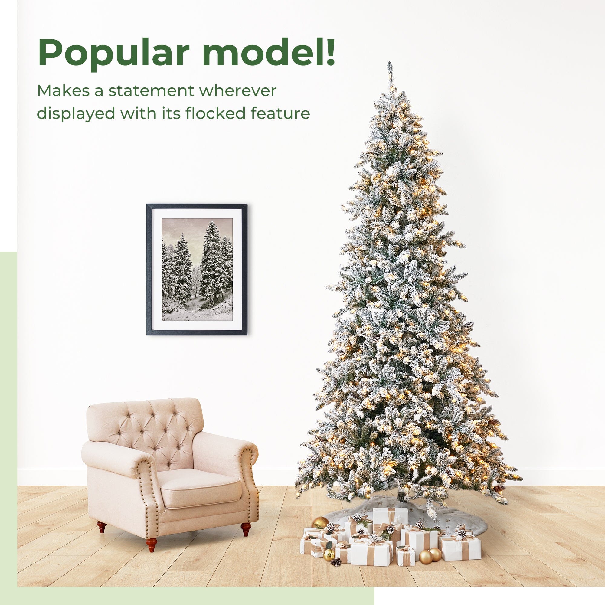 11' Flocked Livingston Fir Artificial Christmas Tree with Pine Cones, 950 Clear Warm LED Lights and 3016 Bendable Branches