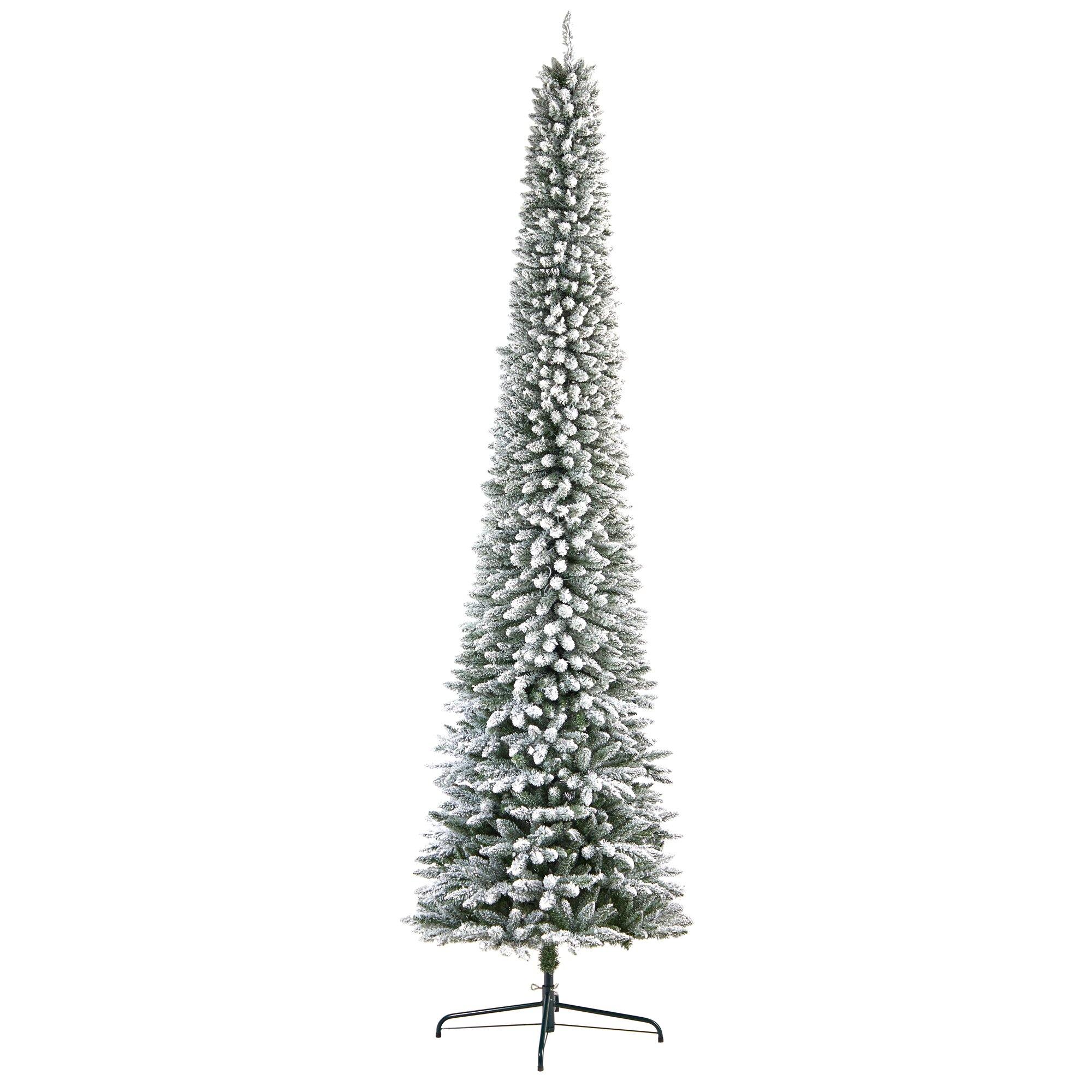 11' Flocked Pencil Artificial Christmas Tree with 850 Clear Lights and 1435 Bendable Branches