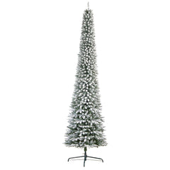 11' Flocked Pencil Artificial Christmas Tree with 850 Clear Lights and 1435 Bendable Branches