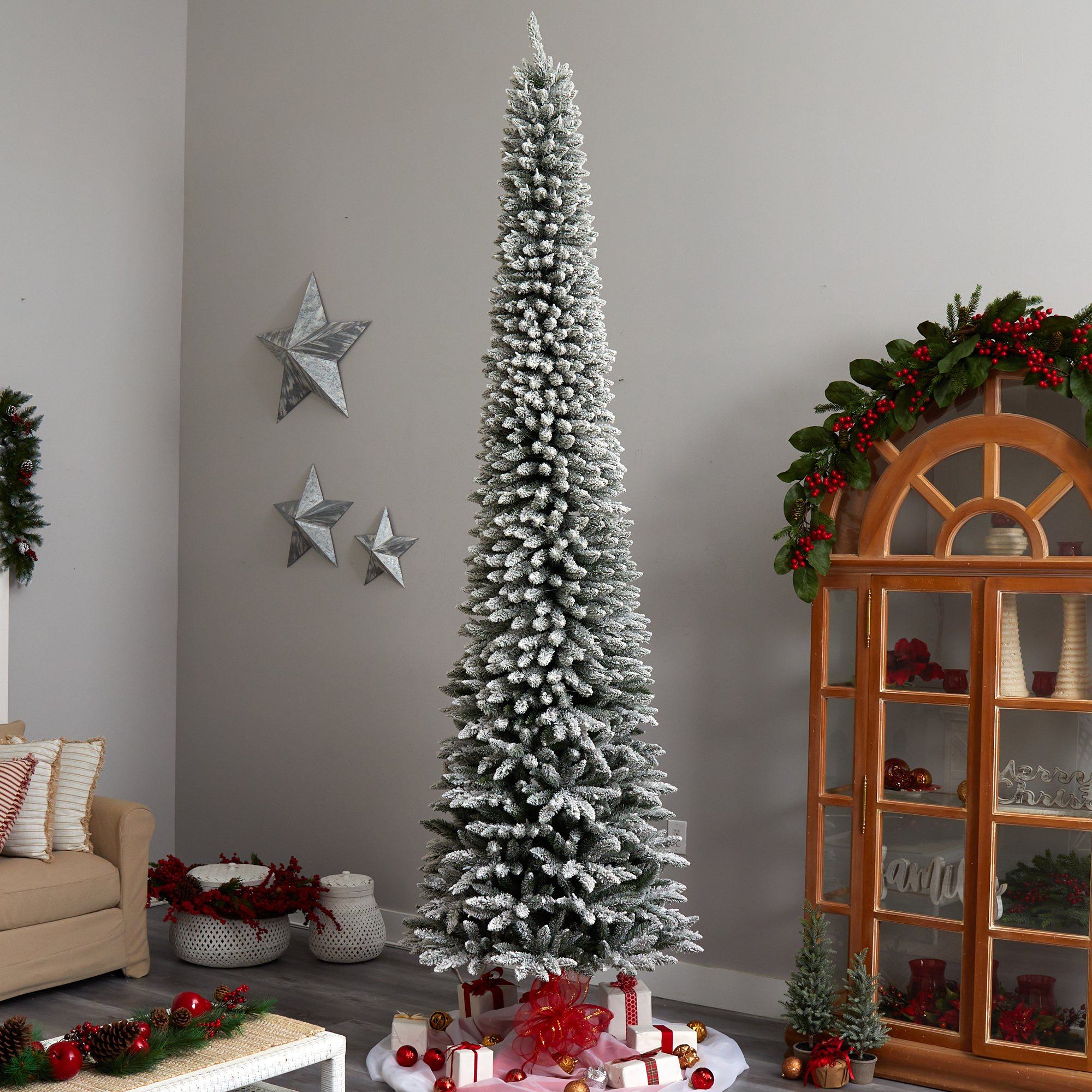 11' Flocked Pencil Artificial Christmas Tree with 850 Clear Lights and 1435 Bendable Branches
