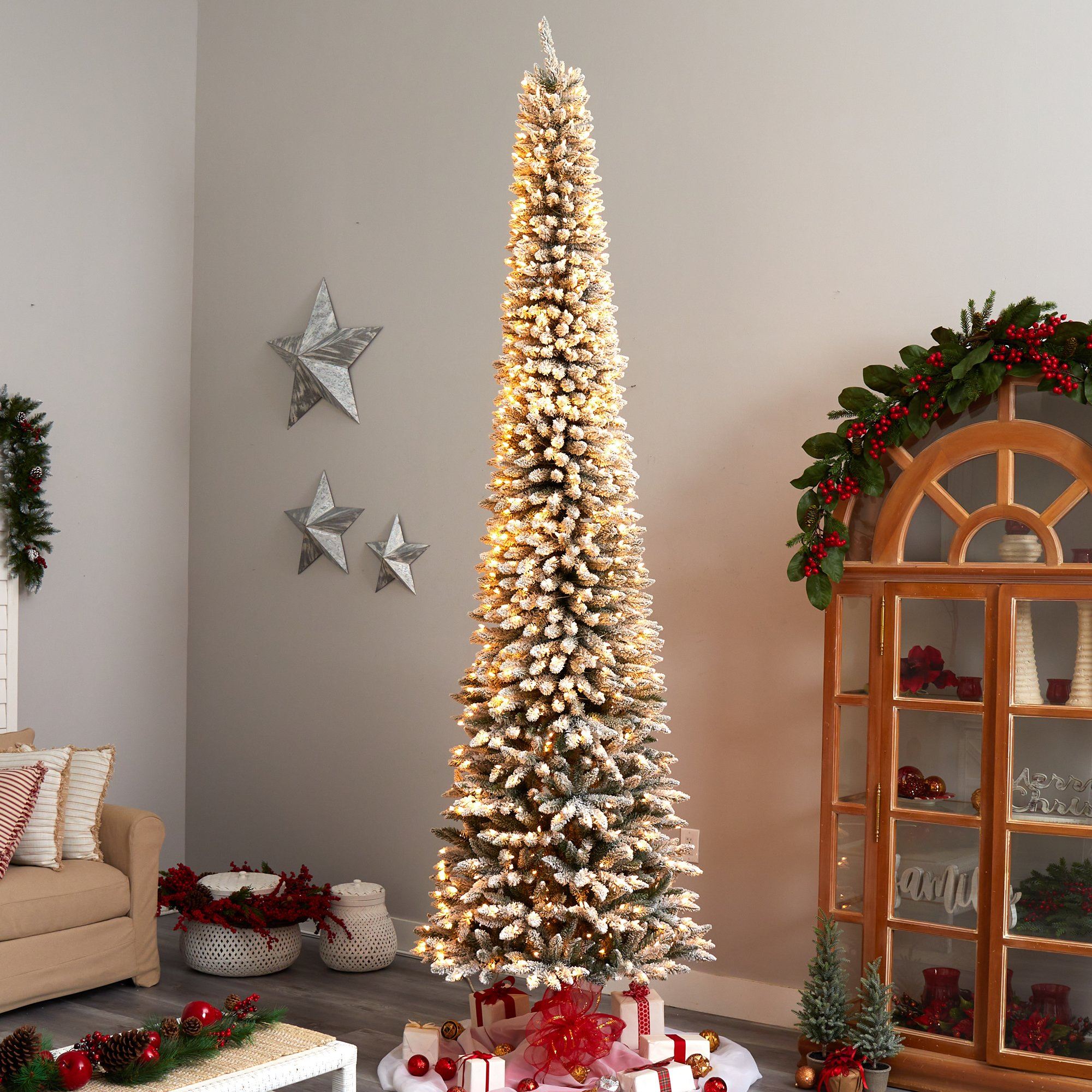 11' Flocked Pencil Artificial Christmas Tree with 850 Clear Lights and 1435 Bendable Branches