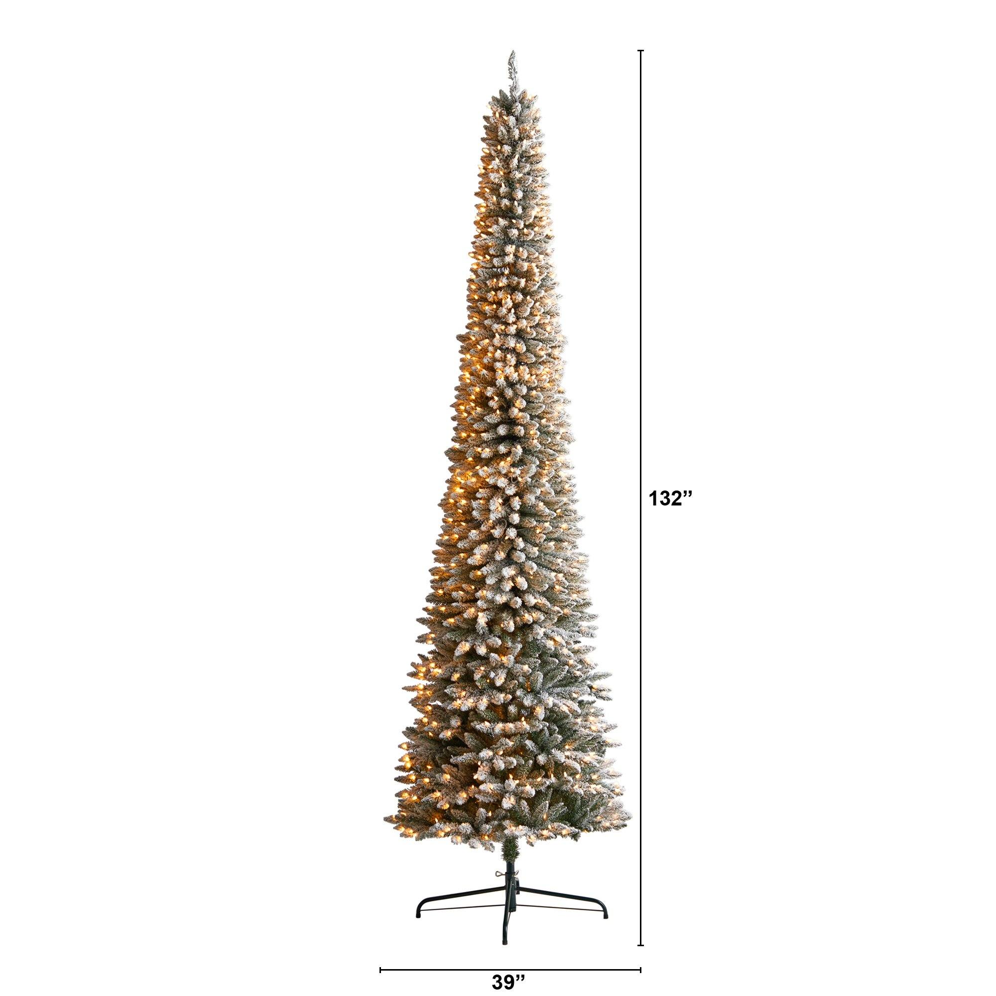 11' Flocked Pencil Artificial Christmas Tree with 850 Clear Lights and 1435 Bendable Branches