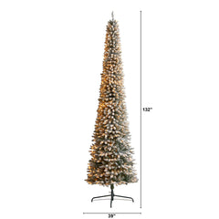 11' Flocked Pencil Artificial Christmas Tree with 850 Clear Lights and 1435 Bendable Branches