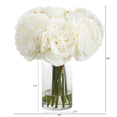 11” Peony Bouquet Artificial Arrangement in Glass Vase