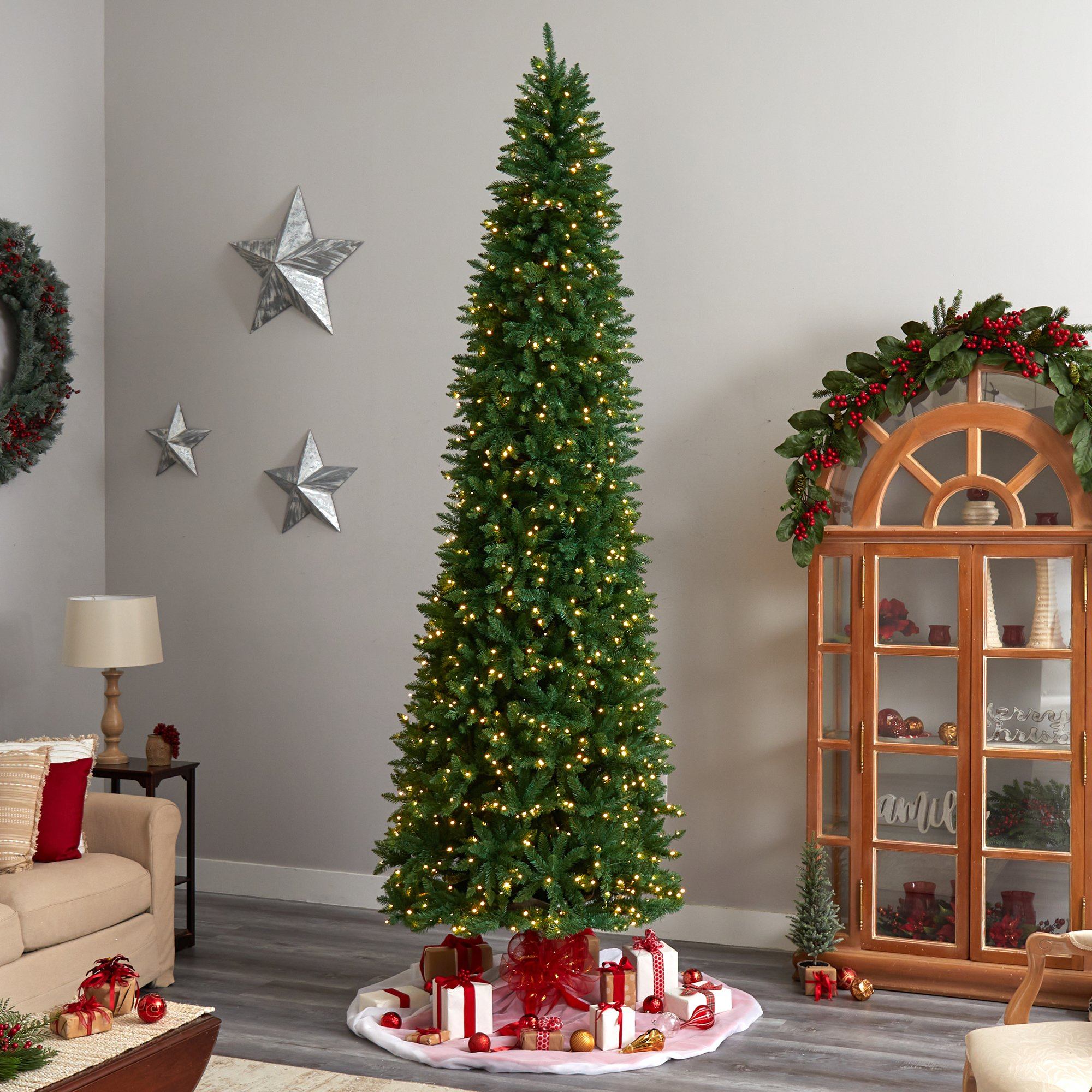11' Slim Green Mountain Pine Christmas Tree with 950 Clear LED Lights and 2836 Bendable Branches