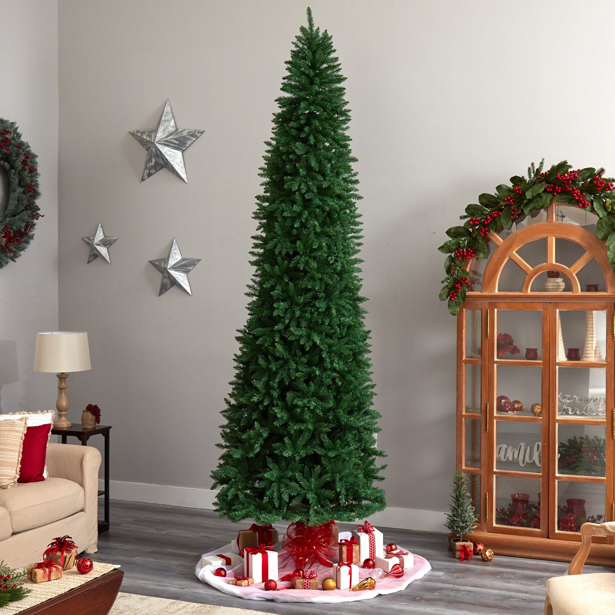 11' Slim Green Mountain Pine Christmas Tree with 950 Clear LED Lights and 2836 Bendable Branches
