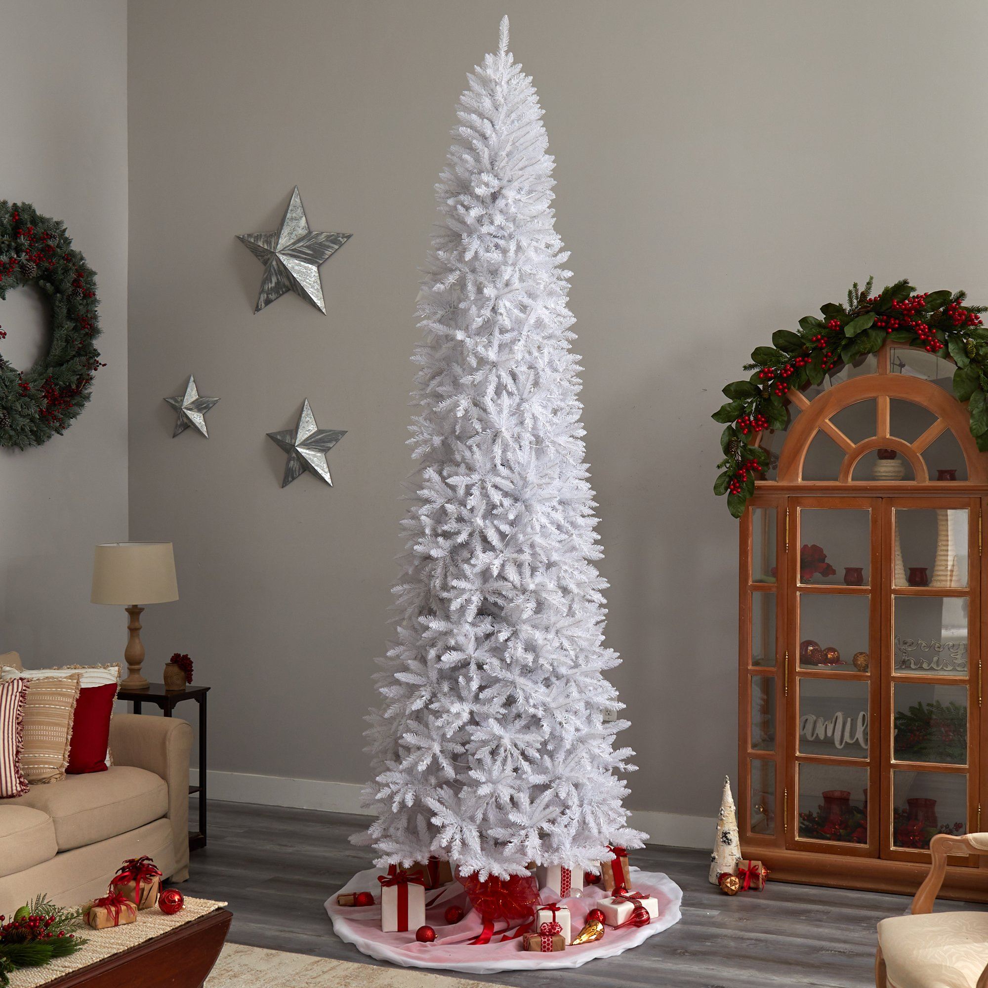 11' Slim White Artificial Christmas Tree with 950 Warm White LED Lights and 2836 Bendable Branches