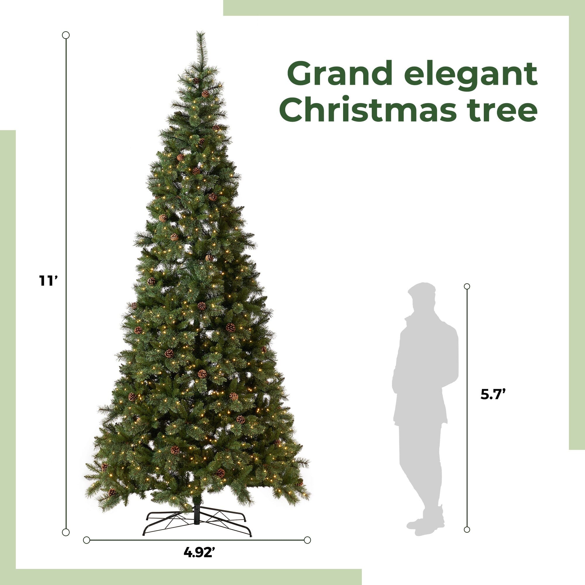 11' White Mountain Pine Artificial Christmas Tree with 1050 Clear LED Lights, Pine Cones and 2395 Bendable Branches