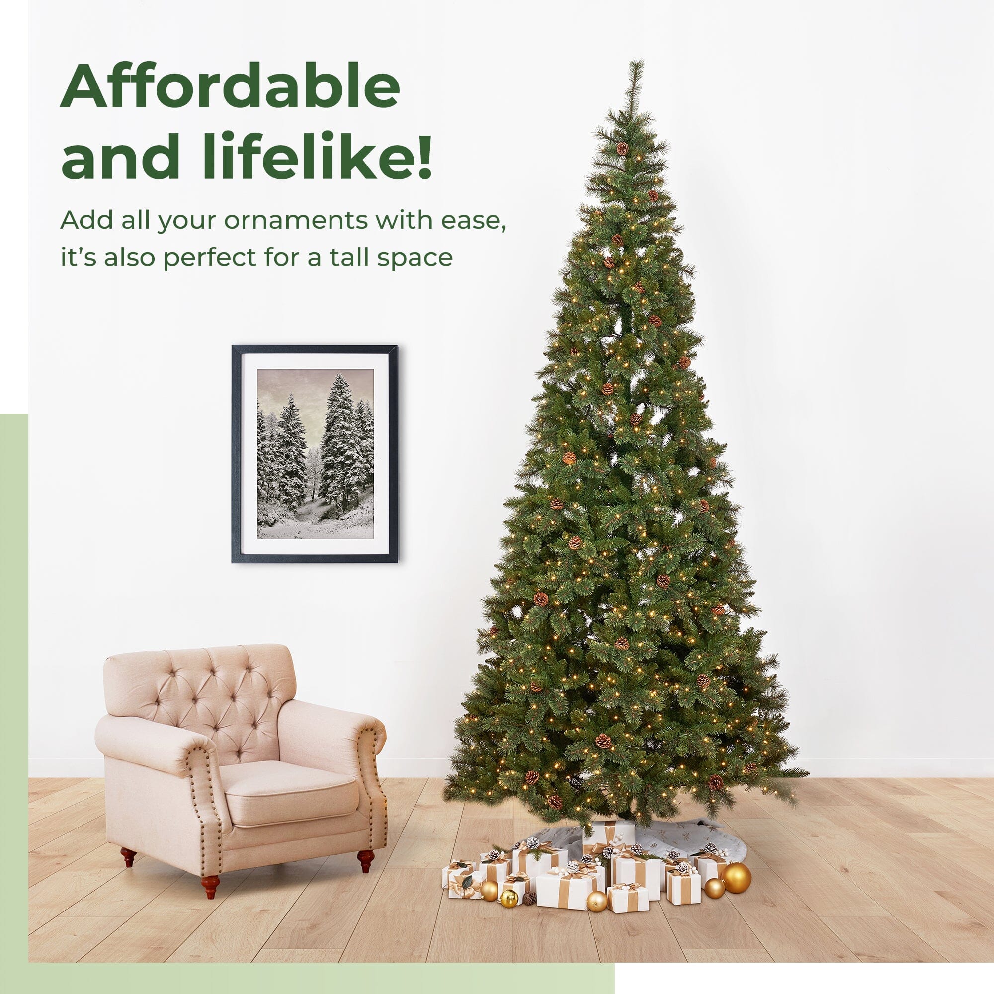 11' White Mountain Pine Artificial Christmas Tree with 1050 Clear LED Lights, Pine Cones and 2395 Bendable Branches