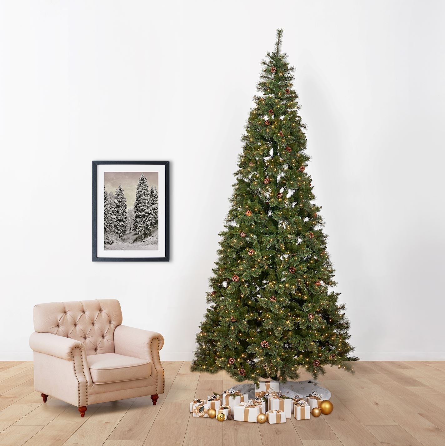 11' White Mountain Pine Artificial Christmas Tree with 1050 Clear LED Lights, Pine Cones and 2395 Bendable Branches