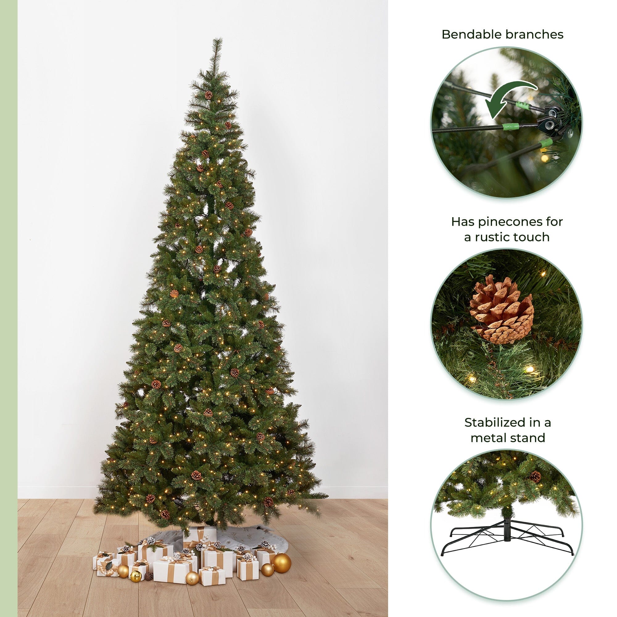 11' White Mountain Pine Artificial Christmas Tree with 1050 Clear LED Lights, Pine Cones and 2395 Bendable Branches