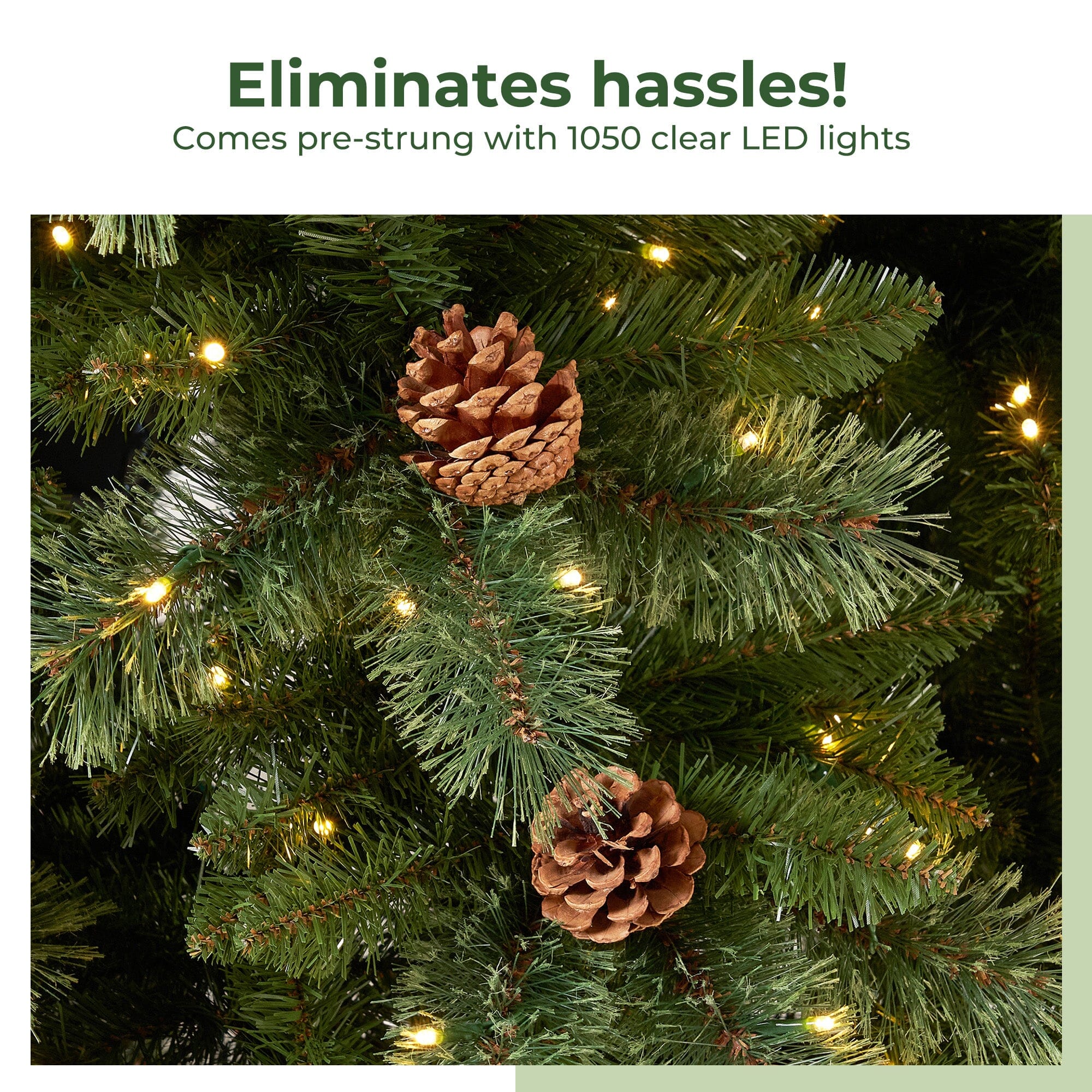11' White Mountain Pine Artificial Christmas Tree with 1050 Clear LED Lights, Pine Cones and 2395 Bendable Branches