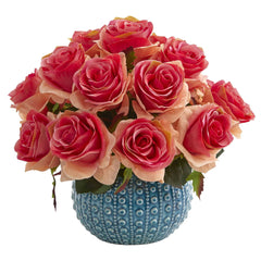 11.5'' Rose Artificial Arrangement in Blue Ceramic Vase