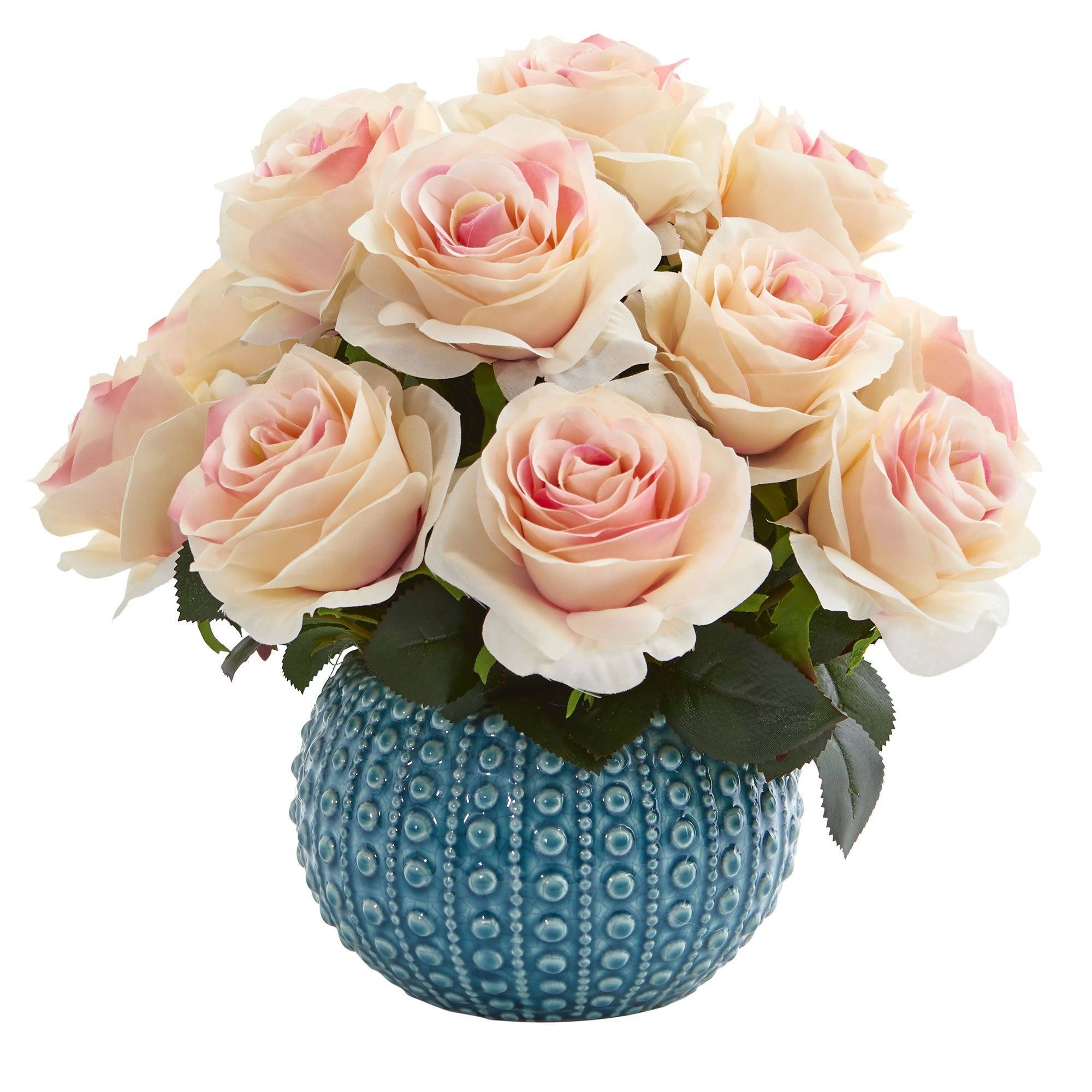 11.5'' Rose Artificial Arrangement in Blue Ceramic Vase