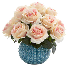 11.5'' Rose Artificial Arrangement in Blue Ceramic Vase
