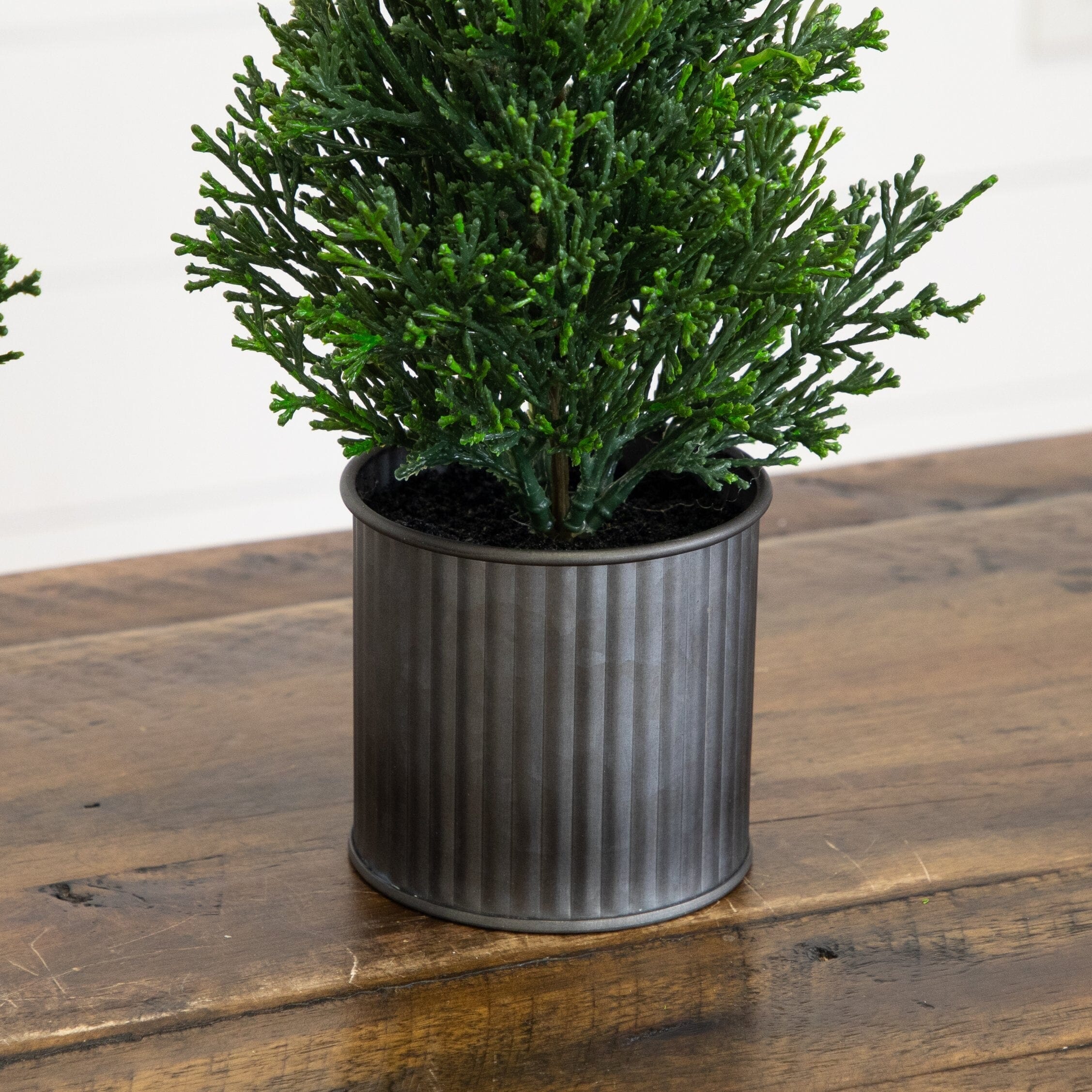 12” Artificial Mini Christmas Cedar Pine Tree in Metal Tin Planter - Set of 2