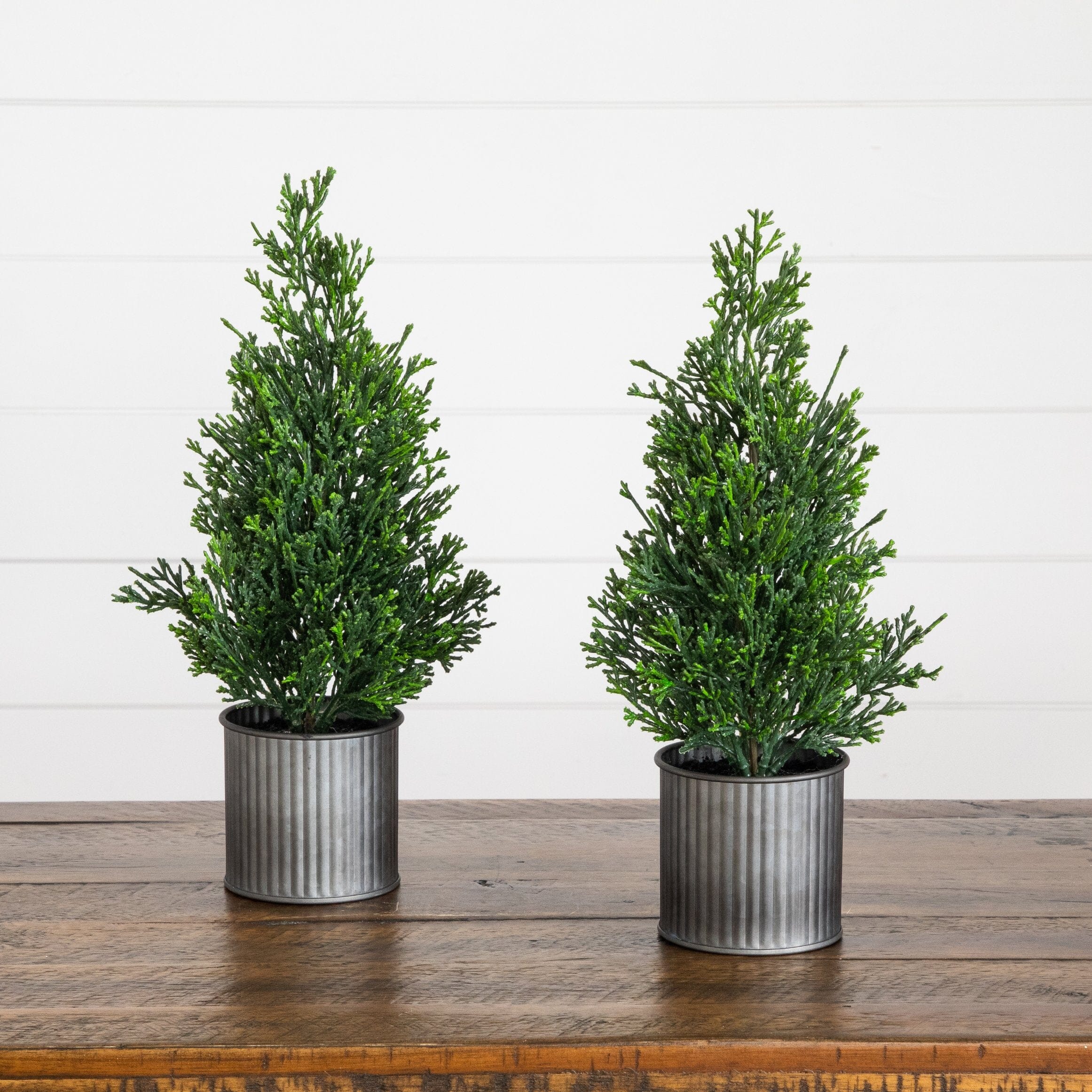 12” Artificial Mini Christmas Cedar Pine Tree in Metal Tin Planter - Set of 2