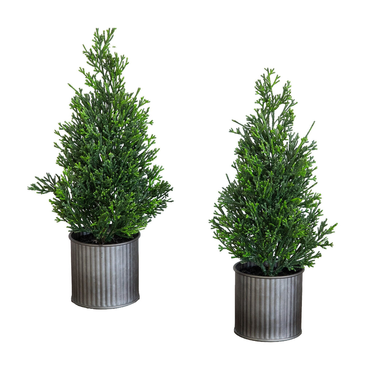 12” Artificial Mini Christmas Cedar Pine Tree in Metal Tin Planter - Set of 2