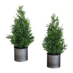 12” Artificial Mini Christmas Cedar Pine Tree in Metal Tin Planter - Set of 2