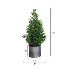 12” Artificial Mini Christmas Cedar Pine Tree in Metal Tin Planter - Set of 2
