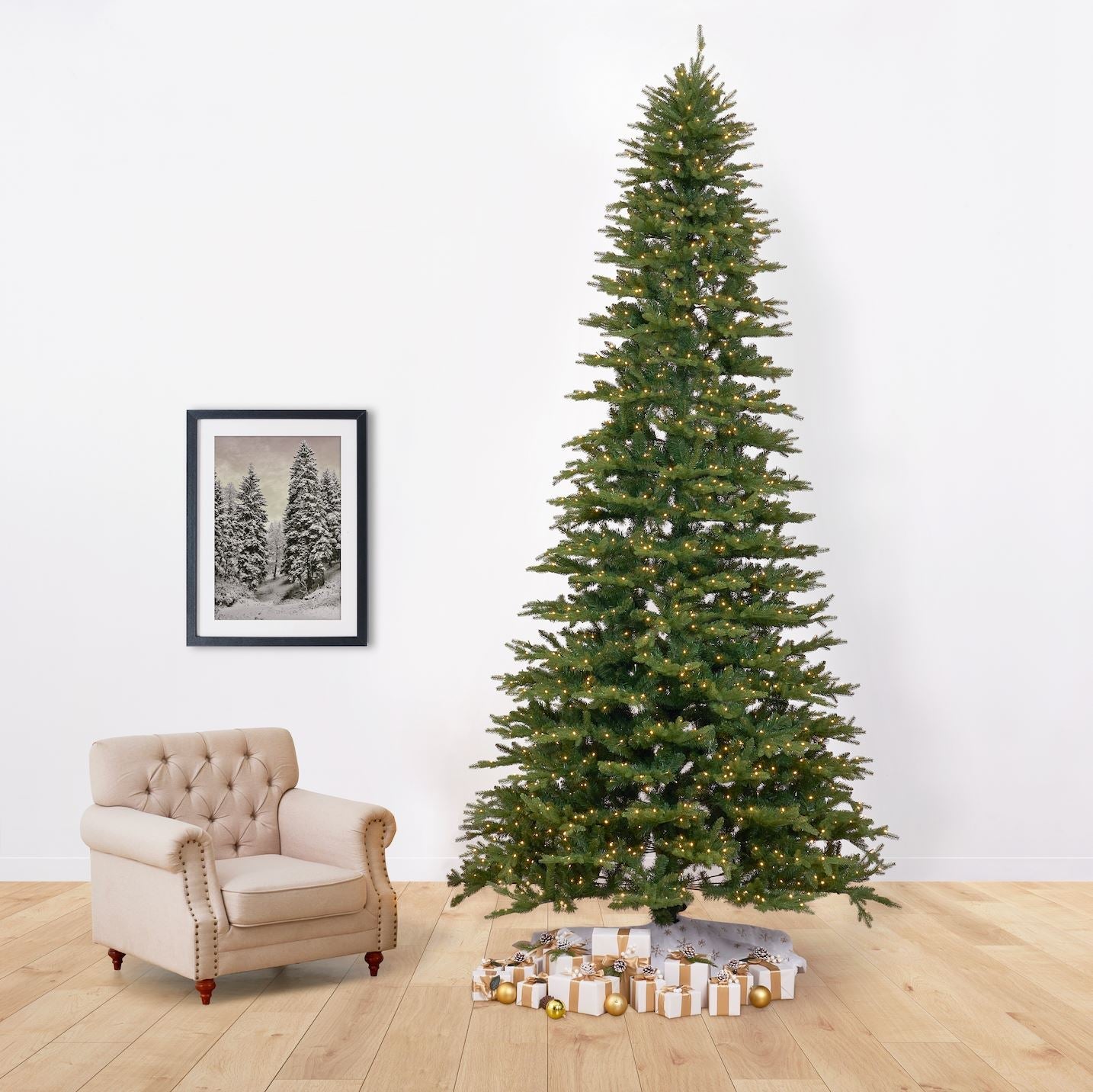 12' Belgium Fir “Natural Look” Artificial Christmas Tree with 1500 Clear LED Lights and 4962 Bendable Branches