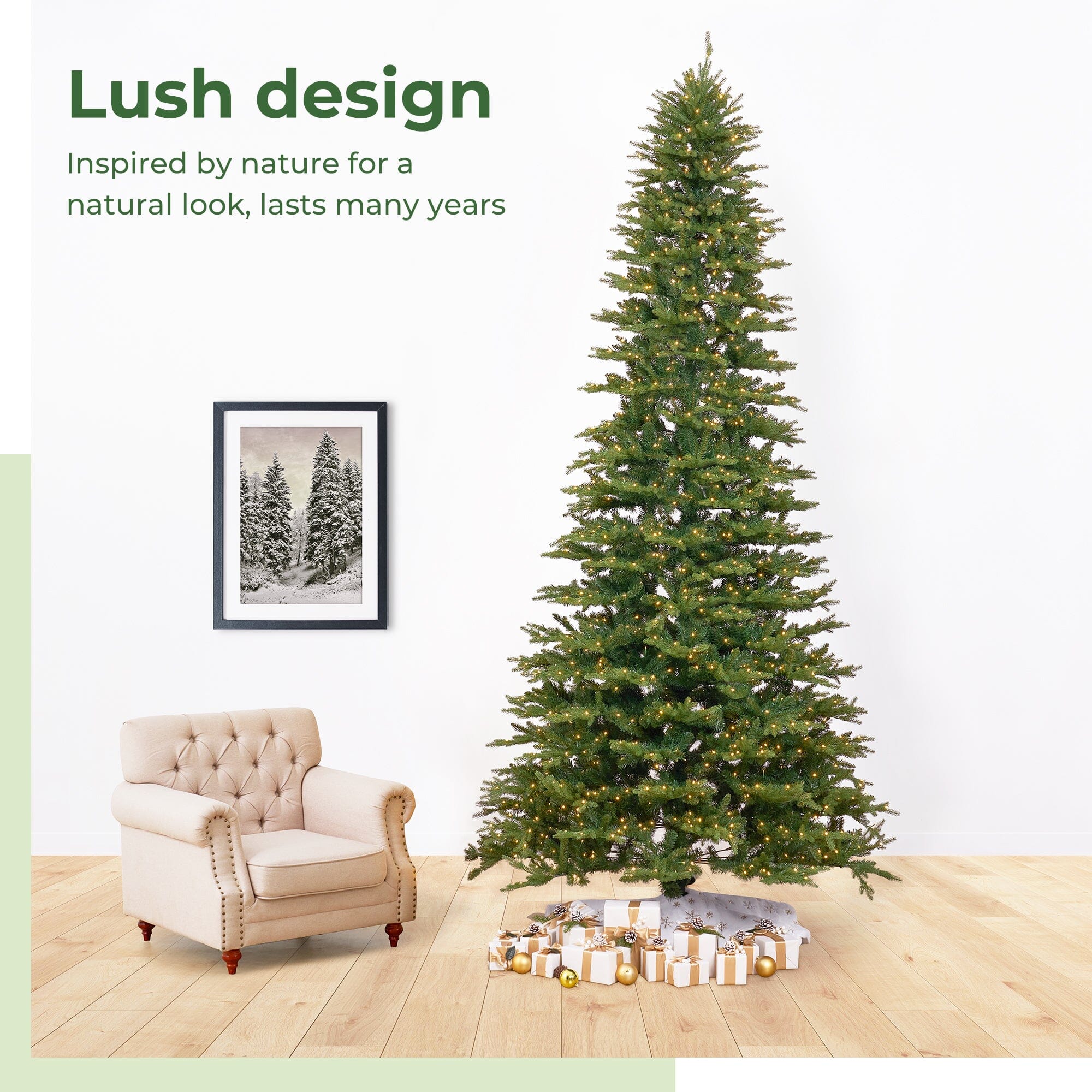 12' Belgium Fir “Natural Look” Artificial Christmas Tree with 1500 Clear LED Lights and 4962 Bendable Branches