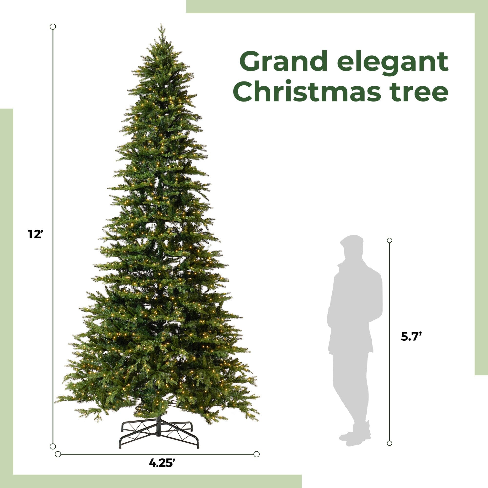 12' Belgium Fir “Natural Look” Artificial Christmas Tree with 1500 Clear LED Lights and 4962 Bendable Branches