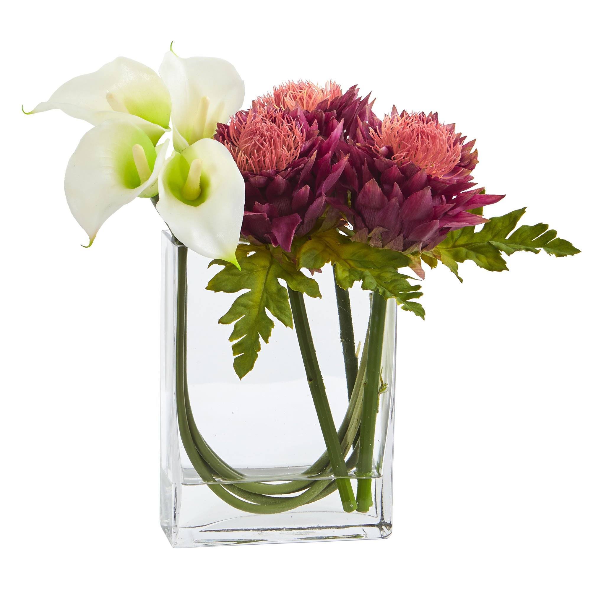 12'' Calla Lily and Artichoke in Rectangular Glass Vase Artificial Arrangement