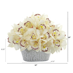 12” Cymbidium Orchid Arrangement in Tin White Vase
