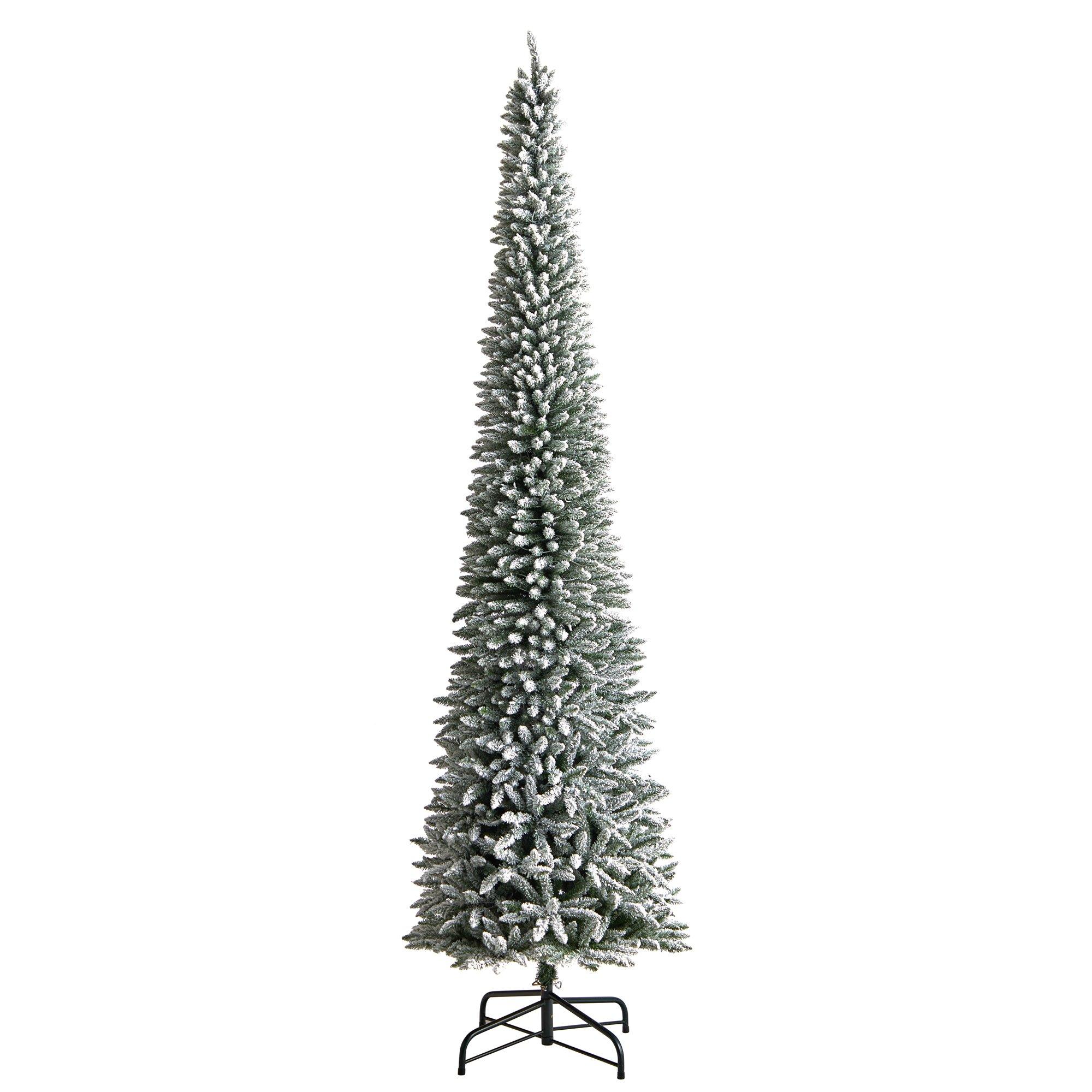 12' Flocked Pencil Artificial Christmas Tree with 1000 Clear Lights and 1819 Bendable Branches